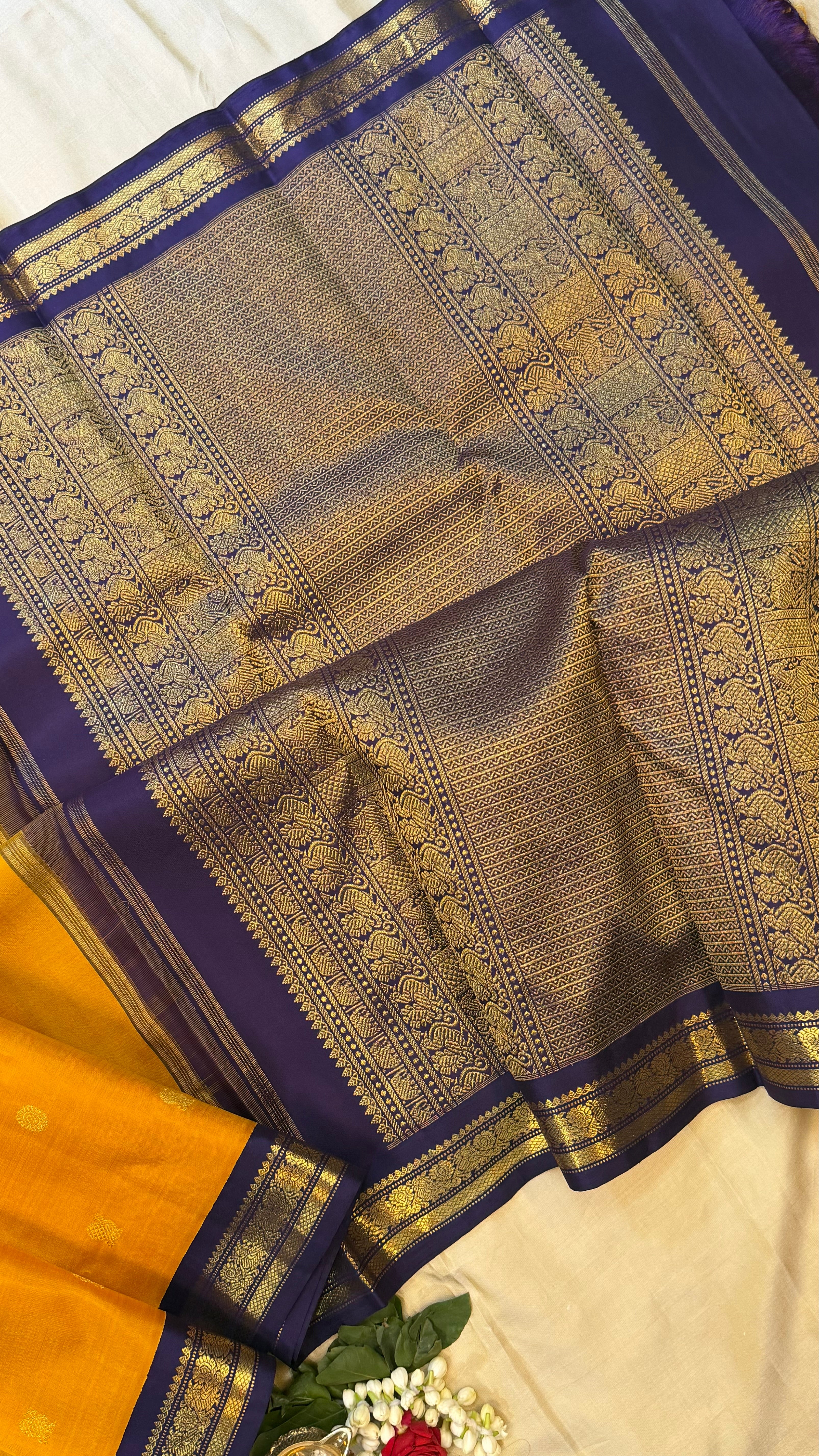Golden yellow and dark blue kai korvai/ Kanjipuram Silk