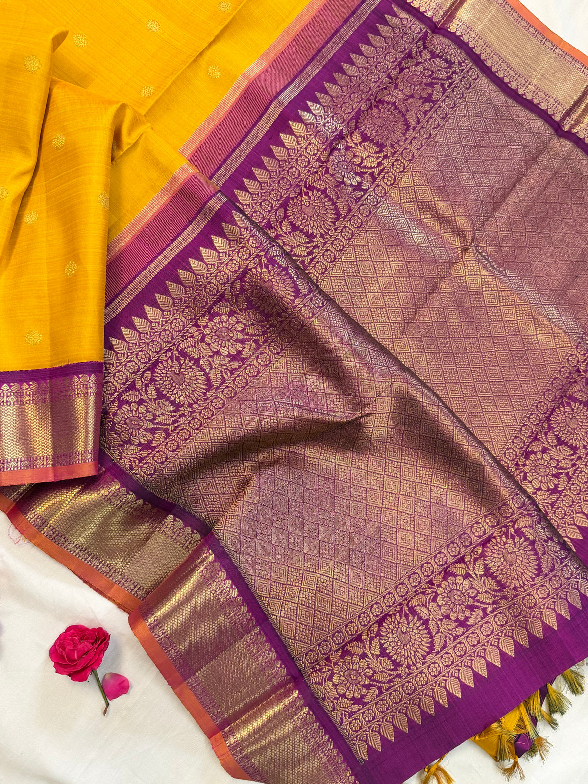 Yellow - Day 1 Navarthri colour pure Zari Kanjipuram silk / Mango yellow Korvai