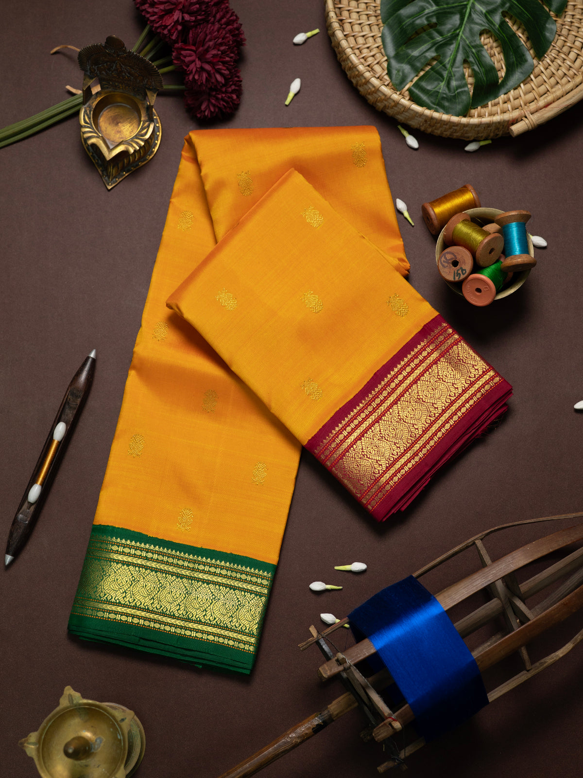 Yellow Ganga Jamuna double palla Kanjipuram Silk Saree CLSA9473