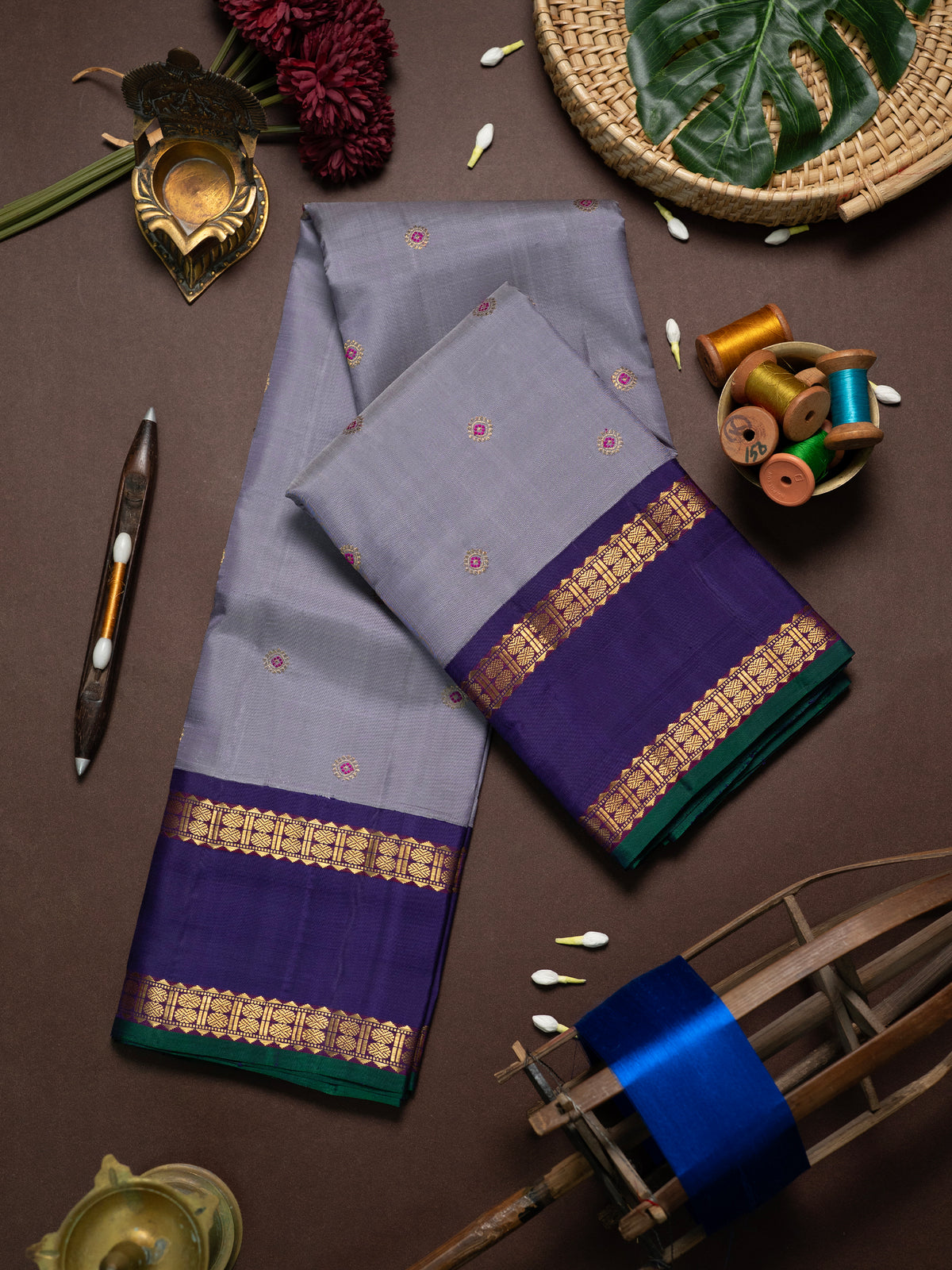 Greyish blue Meena Butta Korvai Kanjipuram Silk Saree CLSA10978