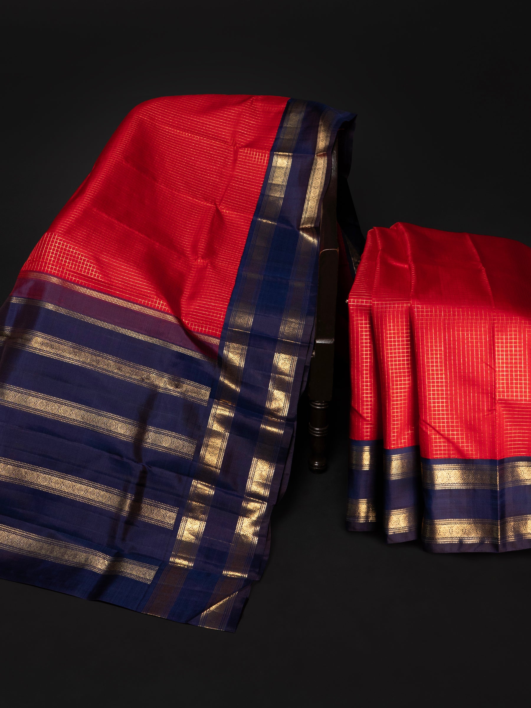Red zari kattam and blue rettapet border/ Kanjipuram Saree CLSA6088