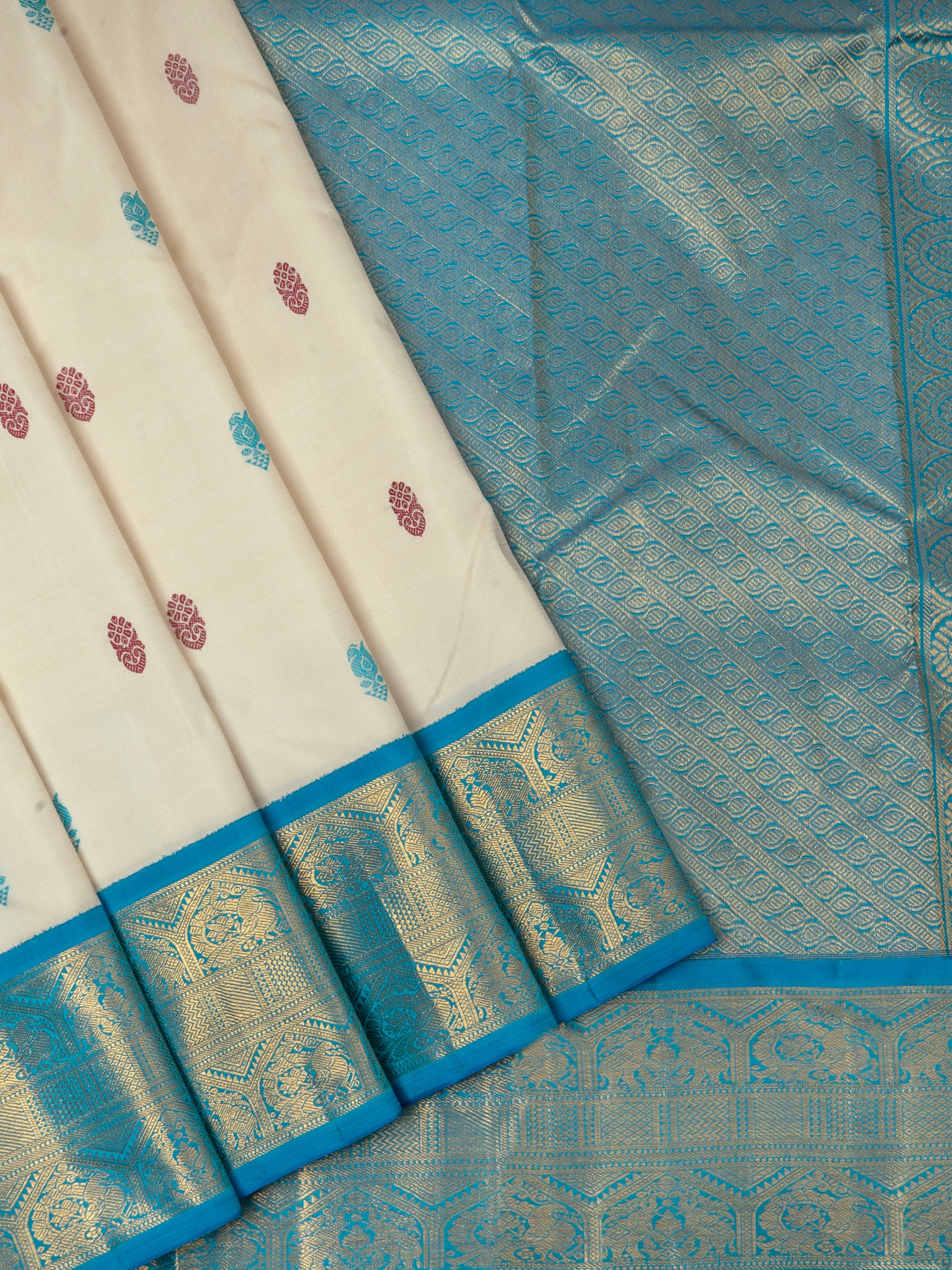 Offwhite and seablue korvai thread butta / Arani silk CLSA5795