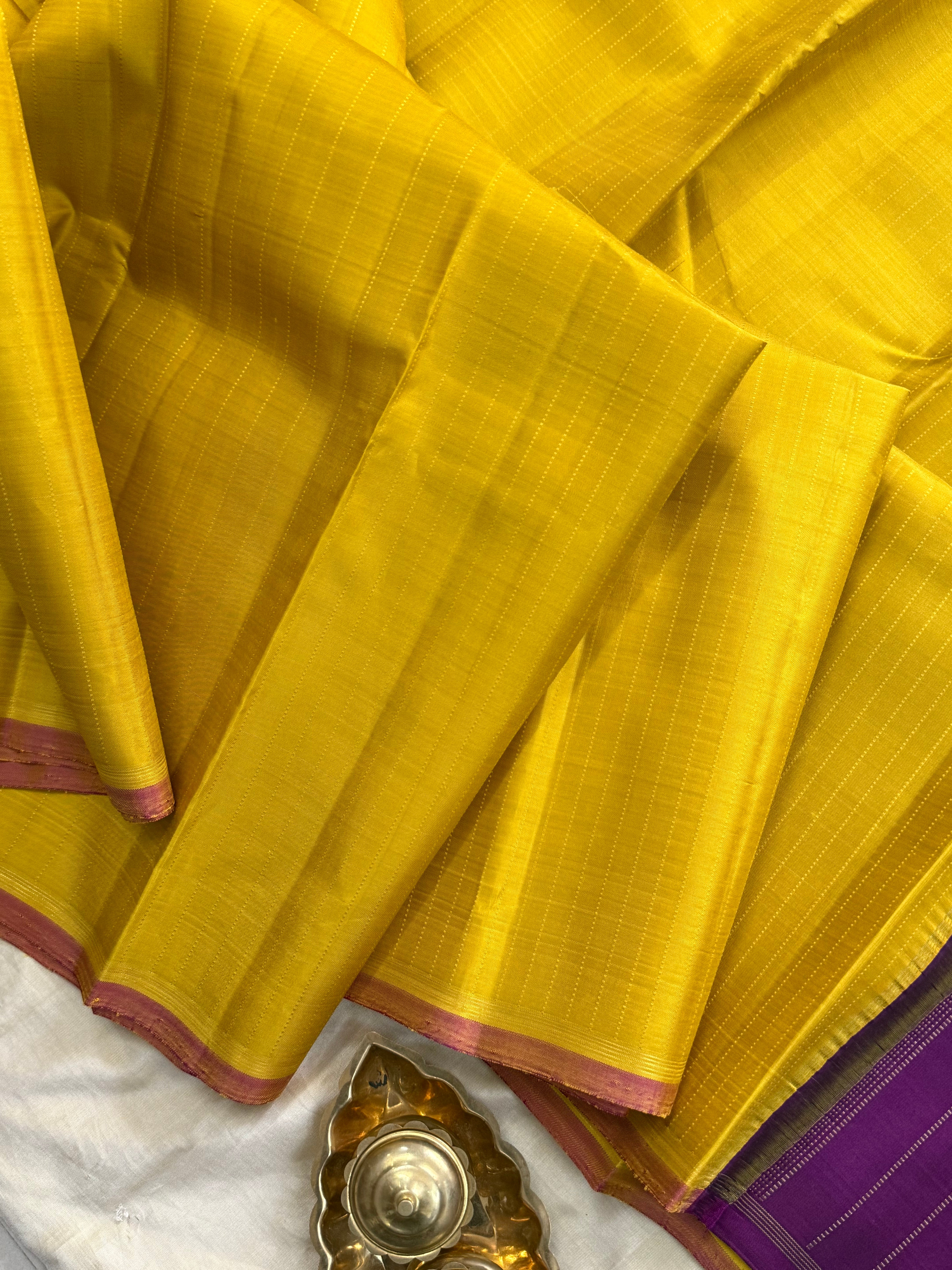 MUSTARD YELLOW AND BODY THREAD LINE BORDER LESS/KANJIPURAM SILK SAREE CLSA 9761