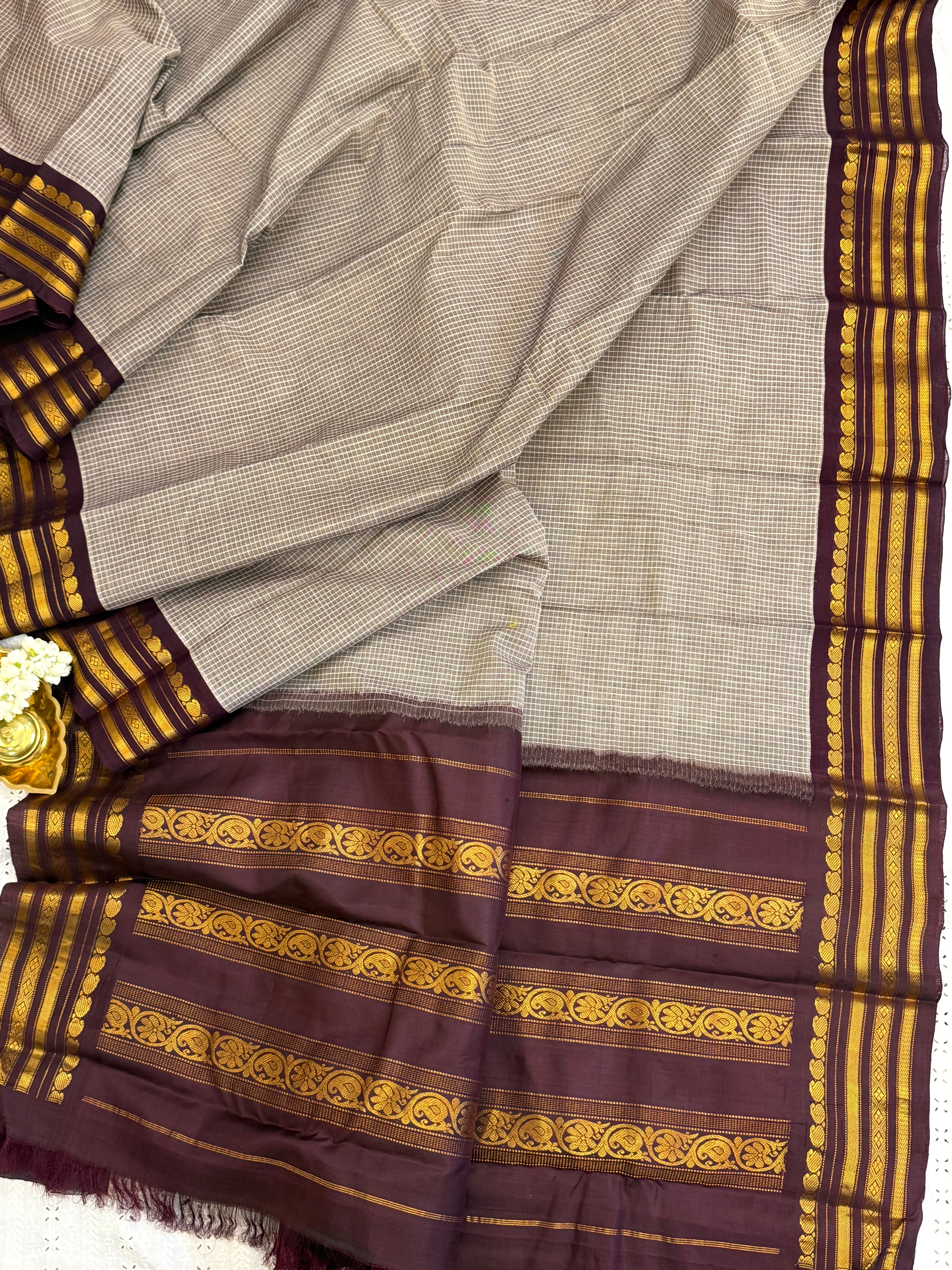Grey and brown / Gadwal cotton No Blouse CLSA7303