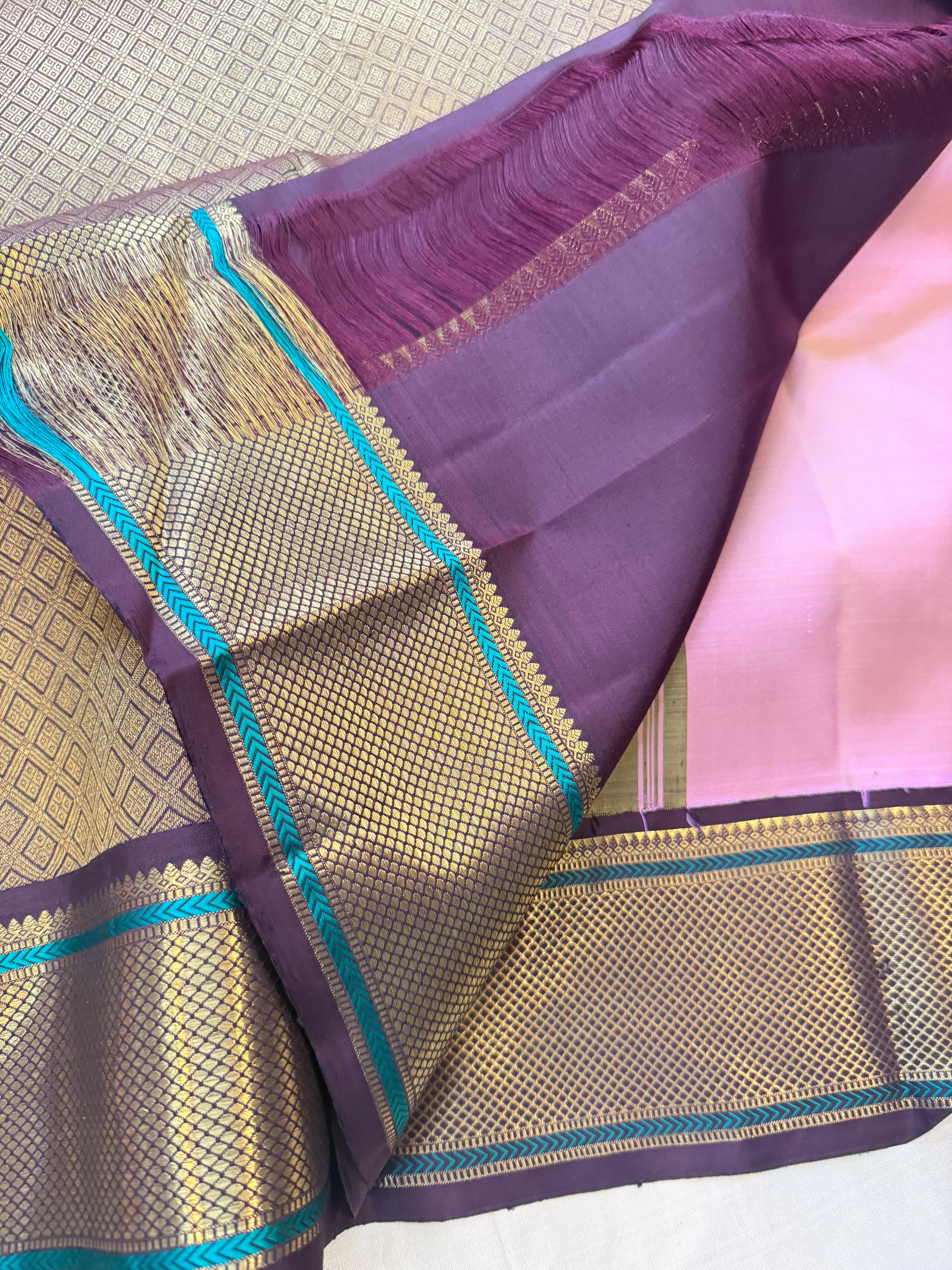 Unusual double tone color Korvai pure Zari Kanjipuram silk