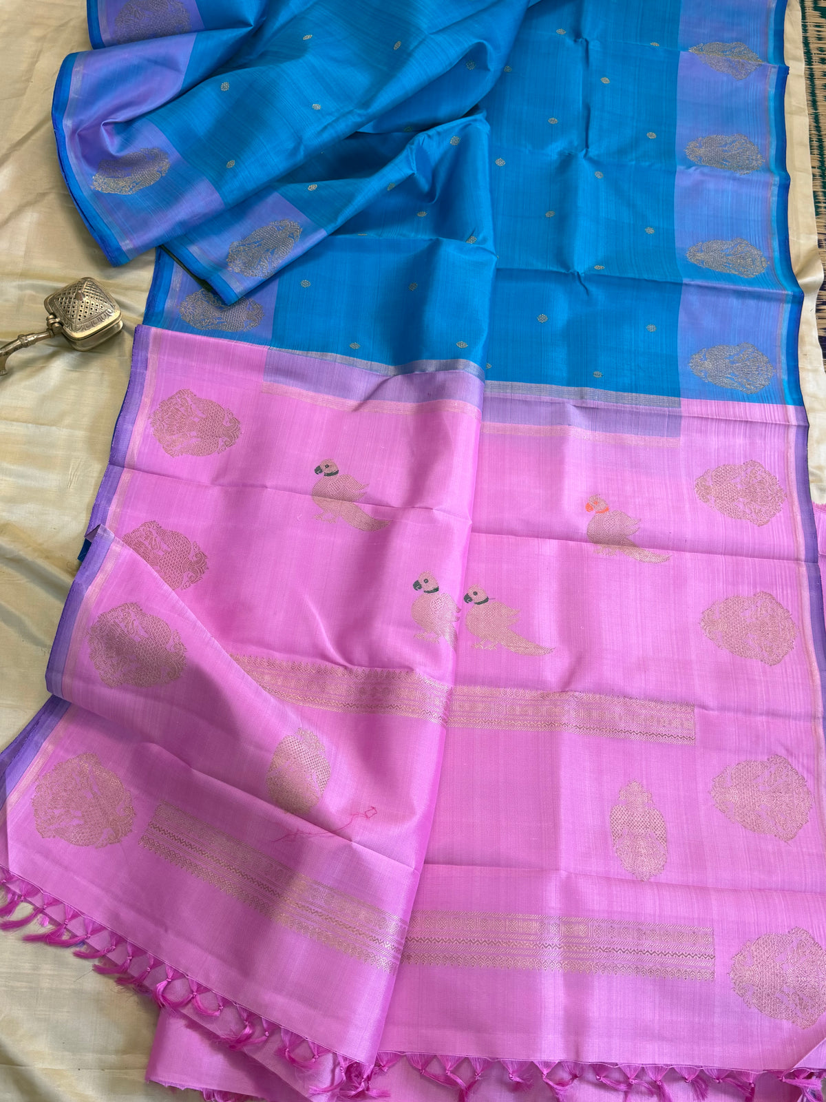 Sea blue irutalaipakshi border pure Kanjipuram silk