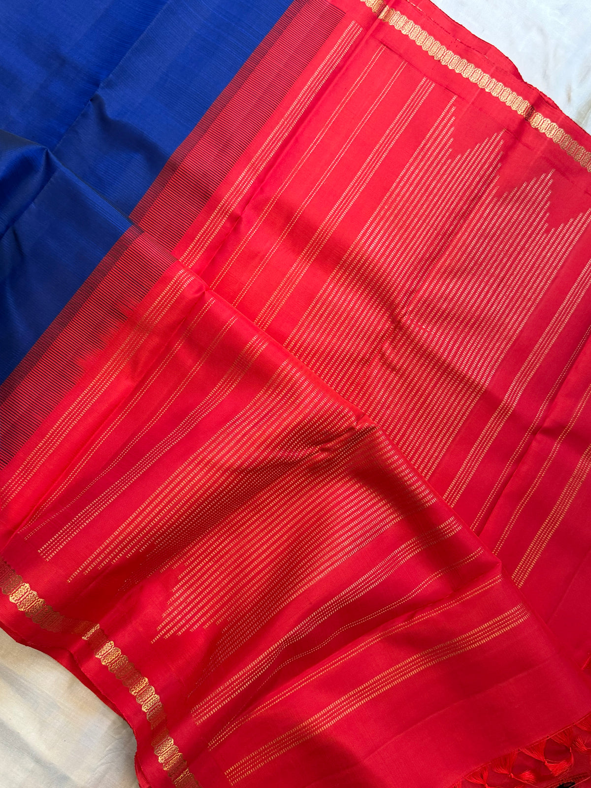 Blue and red Korvai pure Zari /Kanjipuram silk saree