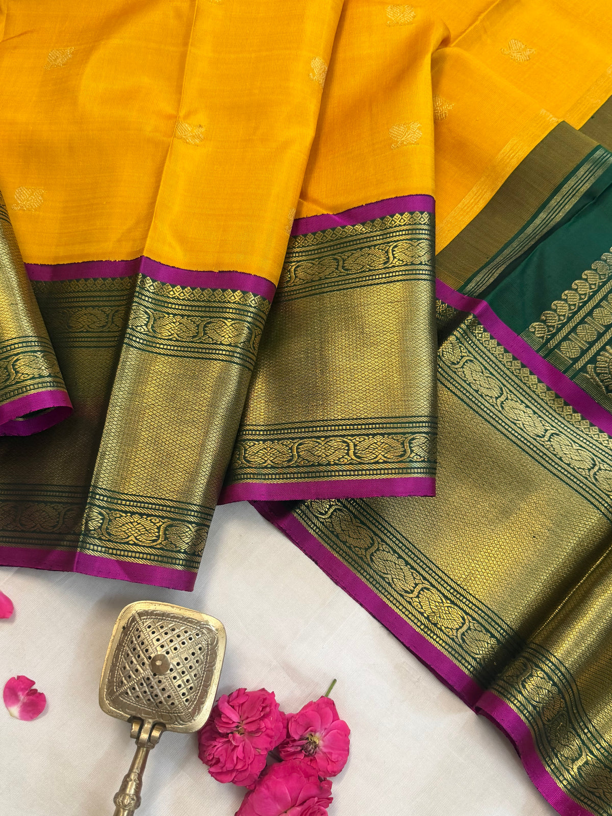 Yellow - Day 1 Navarthri colour pure Zari Kanjipuram silk / Golden yellow getti pet Korvai