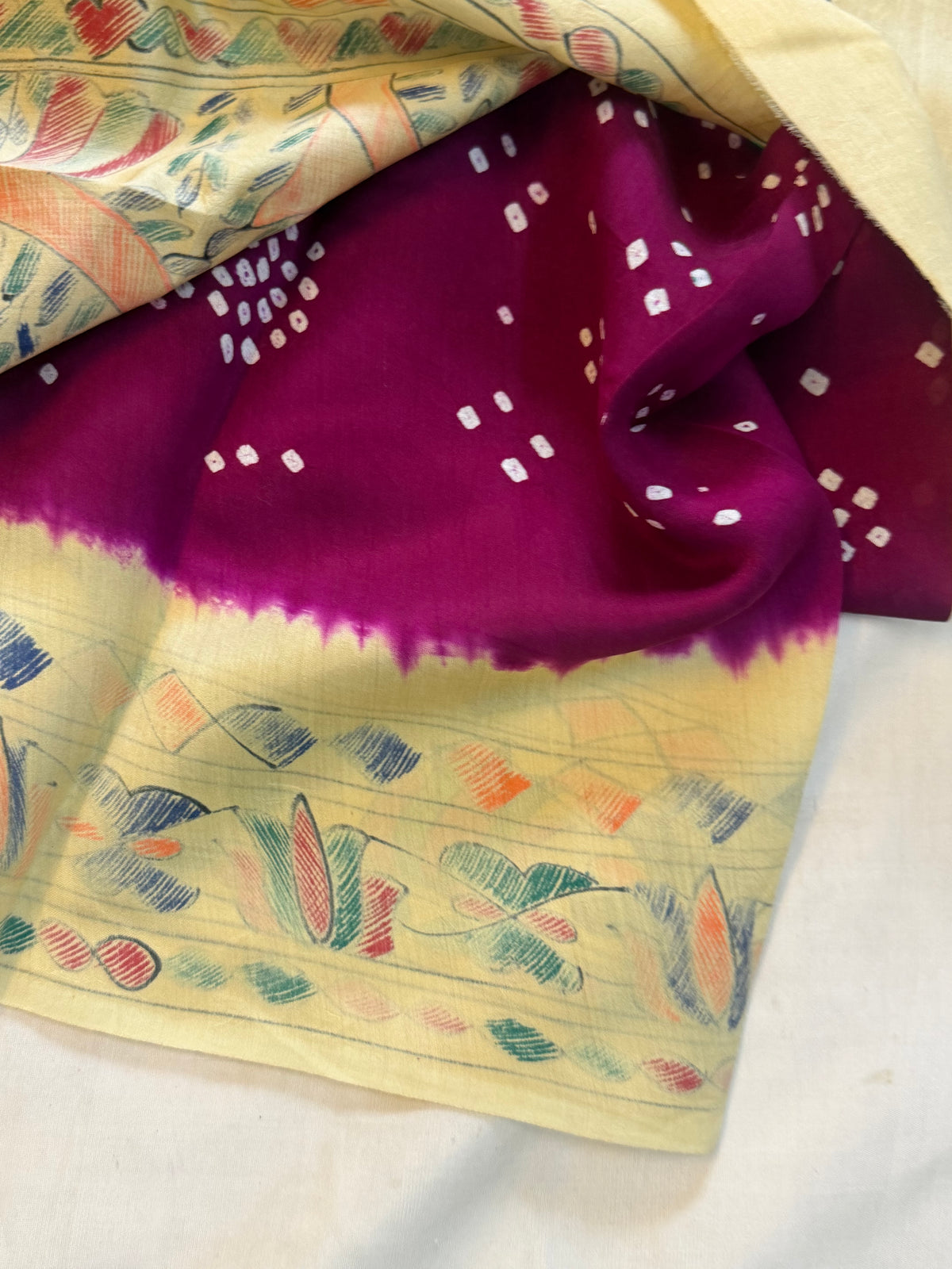 Purple  Bandhini with Madhubani work in silk