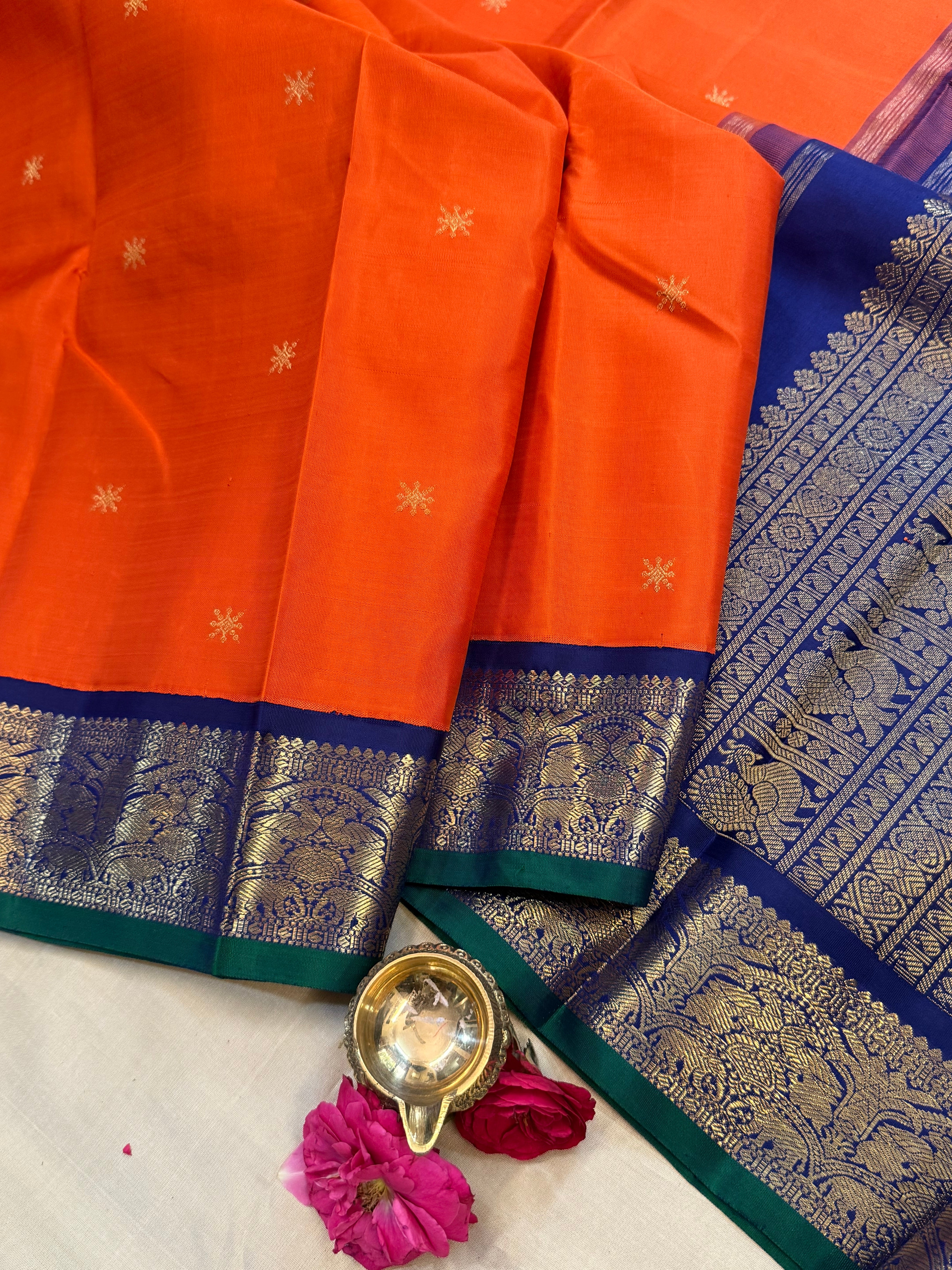 Orange and blue kai korvai / kanjipuram silk