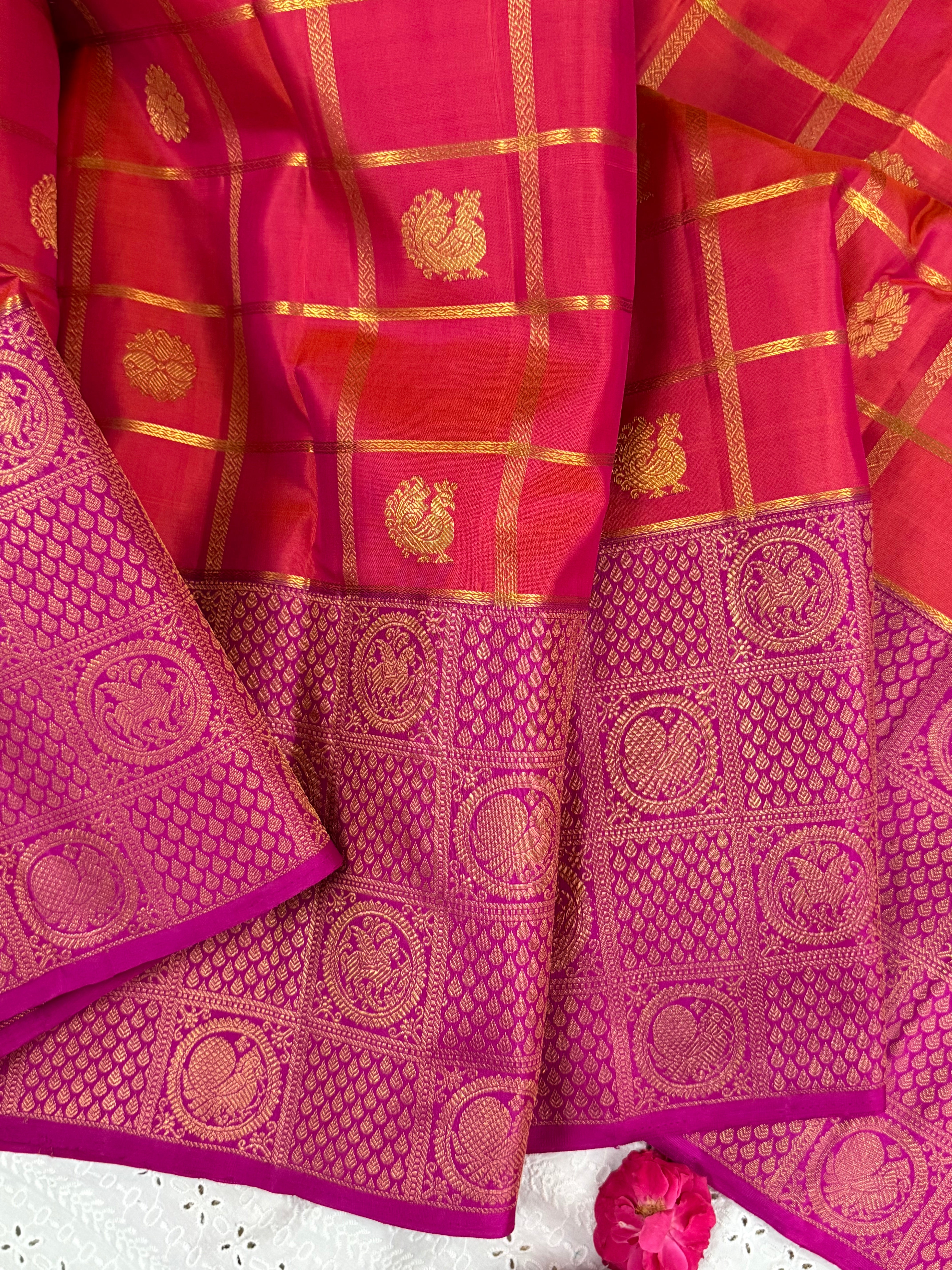 Orange kattam and pink brocade style border / Arani silk