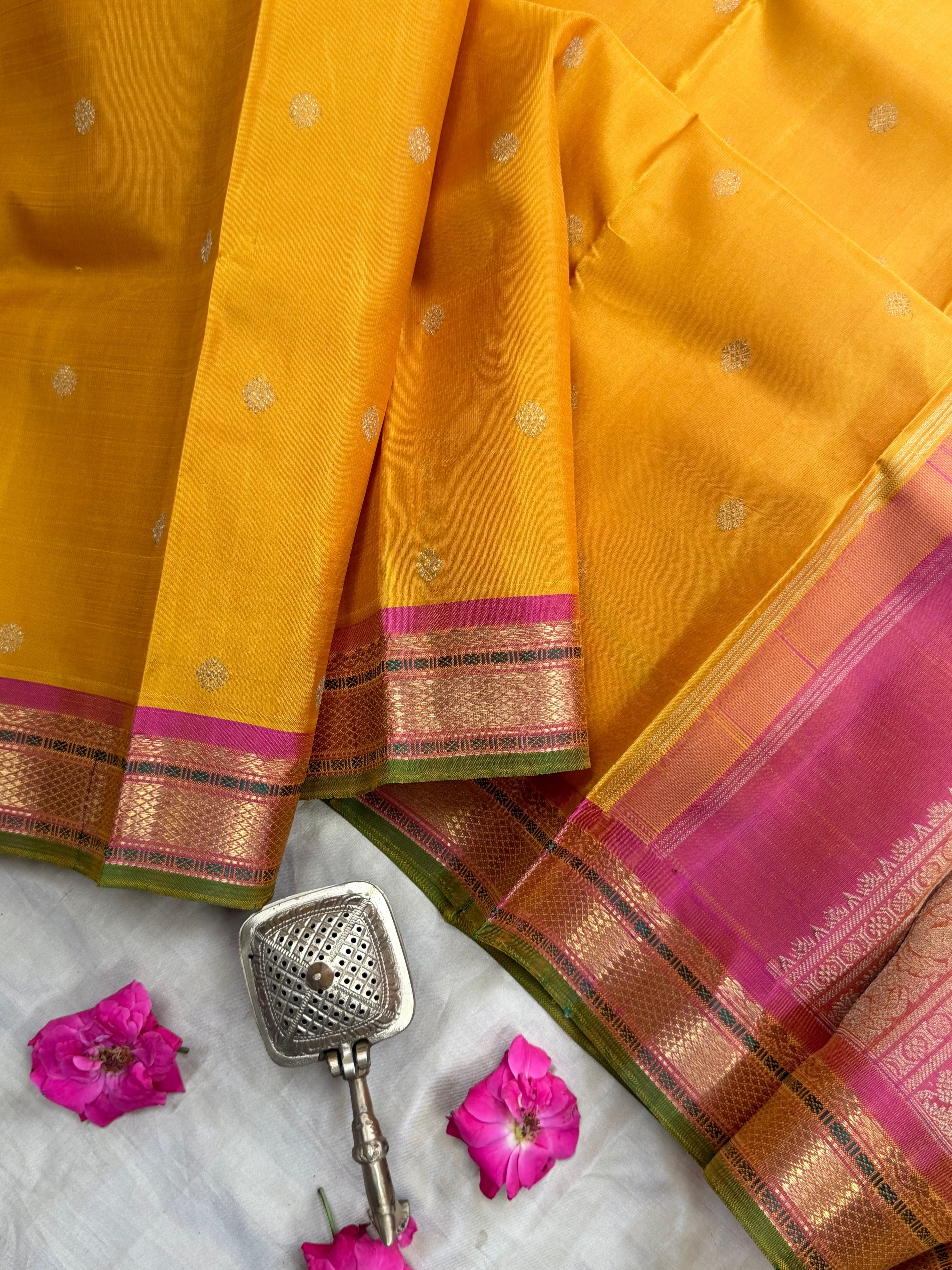 Golden mustard yellow small border pure Zari Kanjipuram silk CLSA9057
