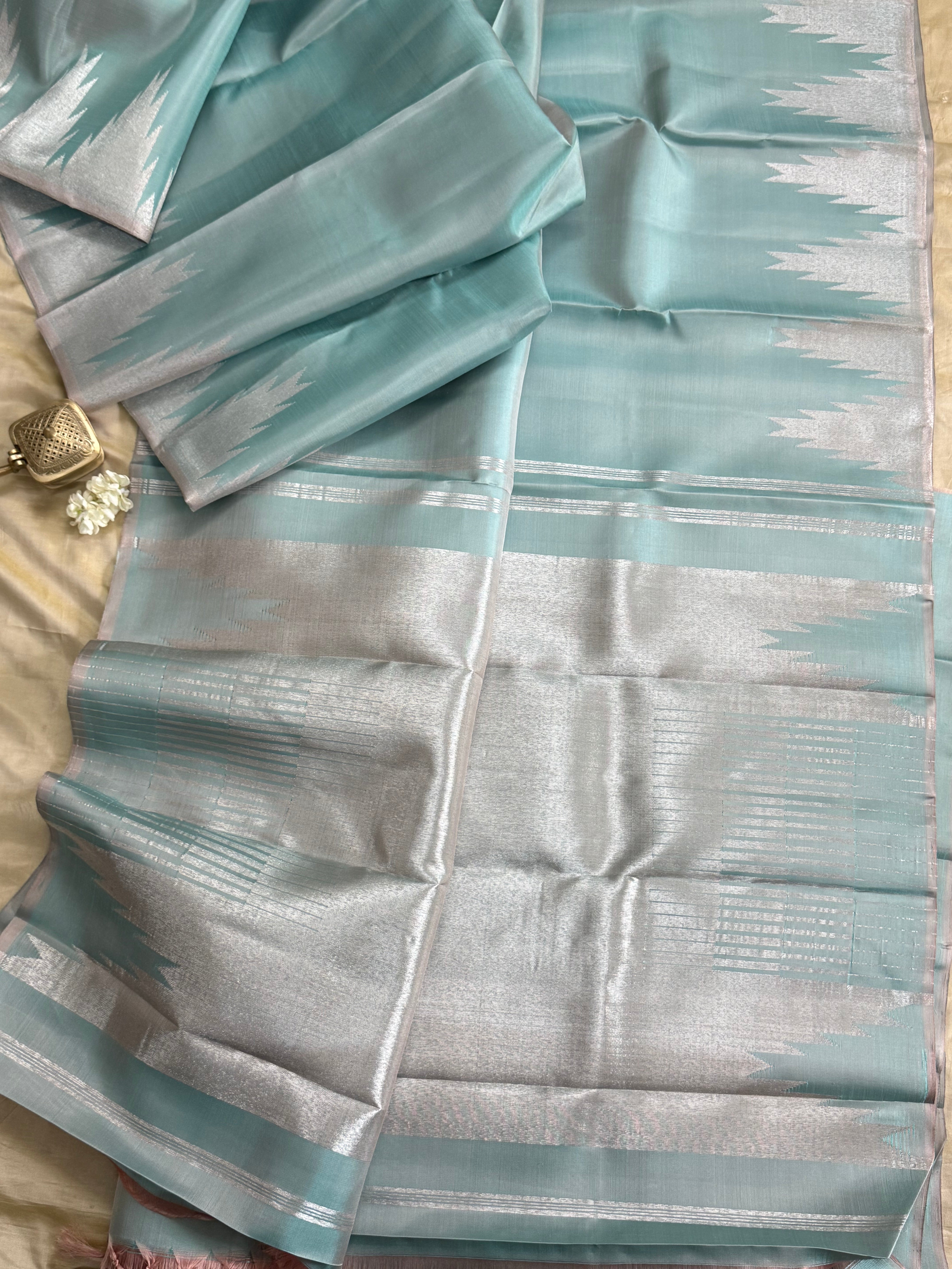 Powder blue silver zari 8 kol temple border/ Kanjipuram silk CLSA8766