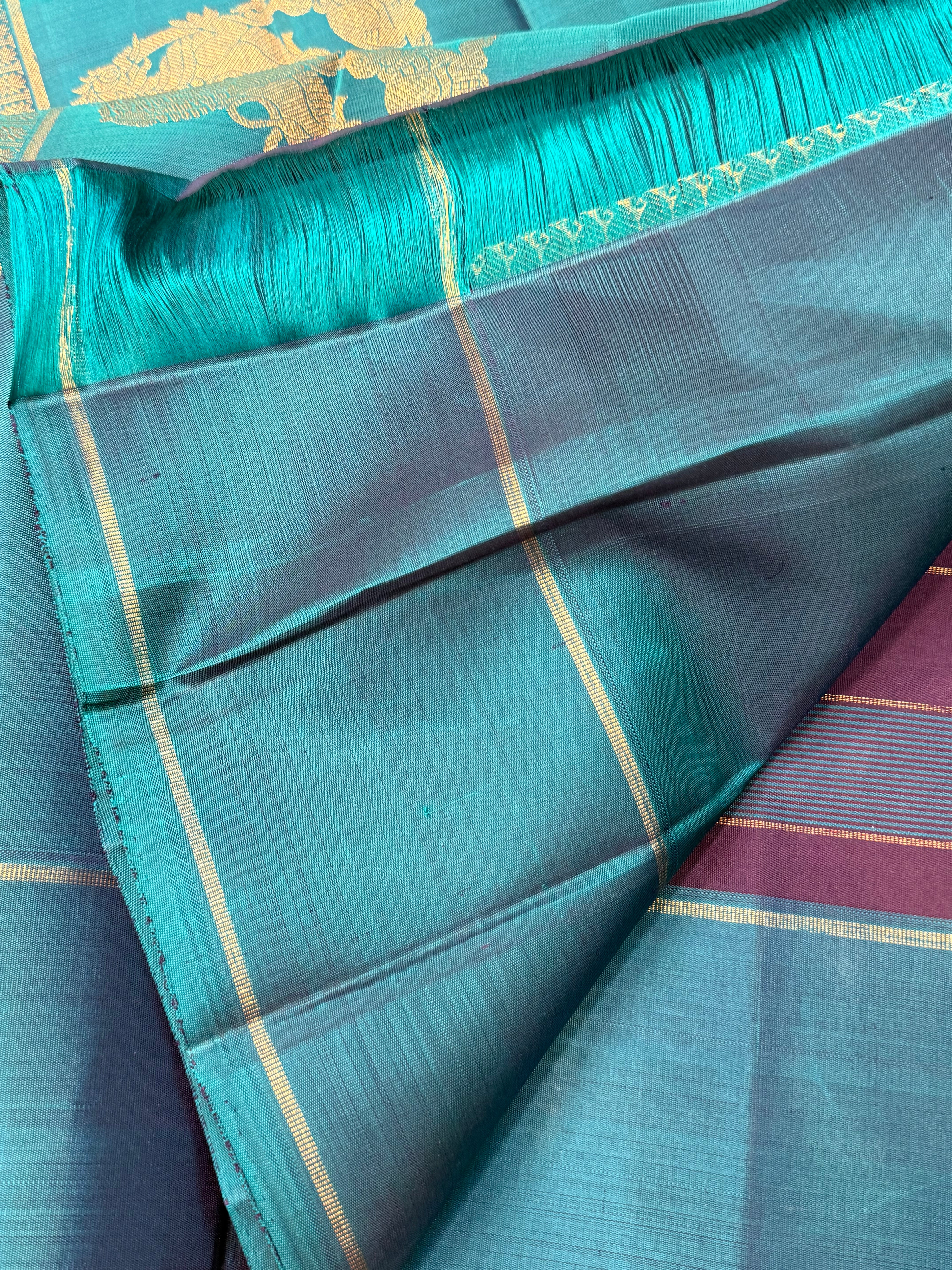 Teal green and purple Muthu Kattam annam chakram Butta / kanjipuram silk saree CLSA10776