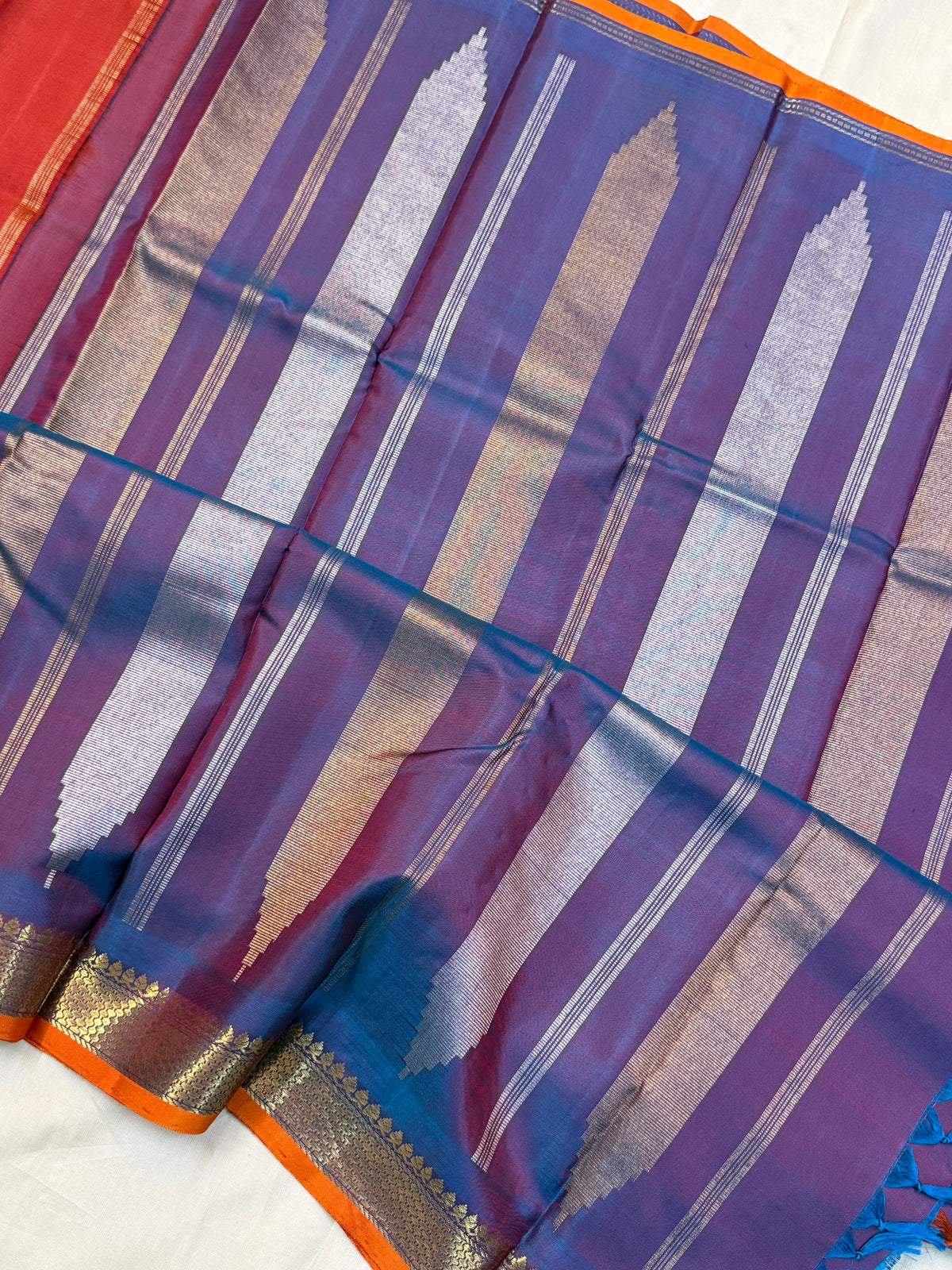 Rust Orange with silver and gold pure Zari butta/ kanjipuram silk saree