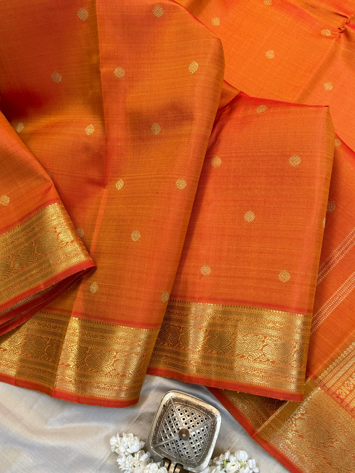 Navarathri - Day 5 Orange Colour pure Zari butta getti border /Kanjipuram silk sree Clsa 10590