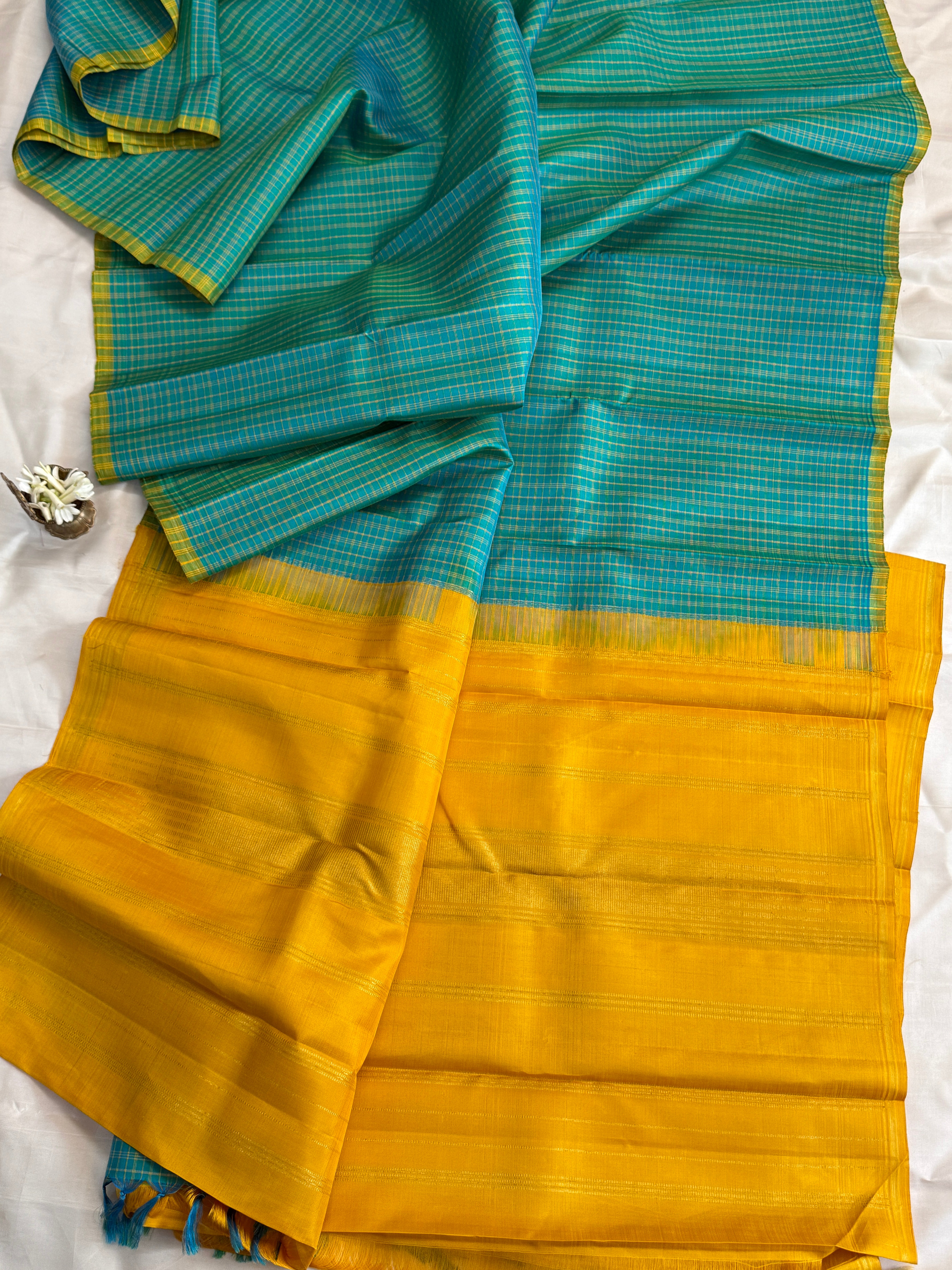 Green and mustard kattam borderless/ Kanjipuram silk CLSA10923