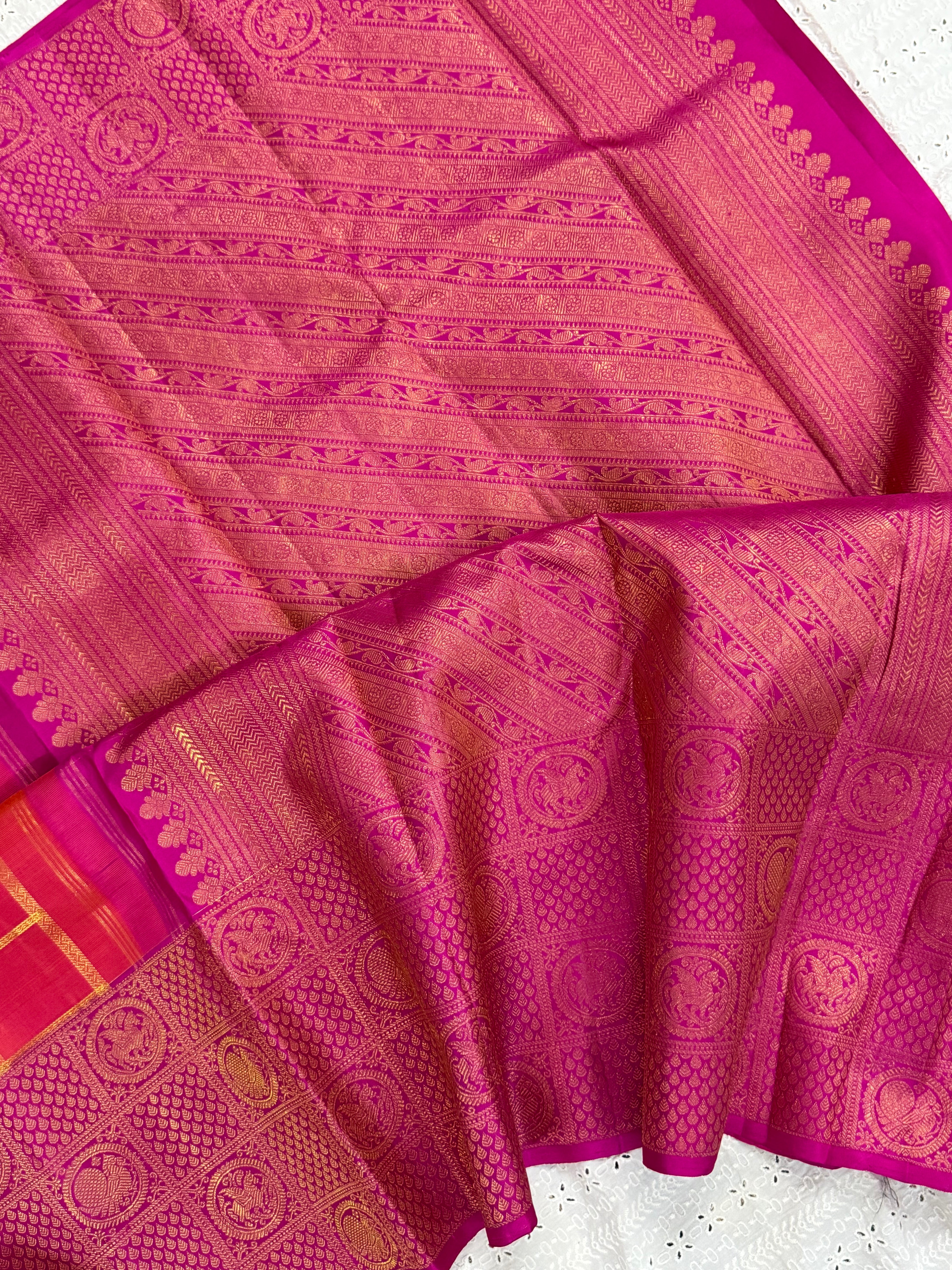 Orange kattam and pink brocade style border / Arani silk