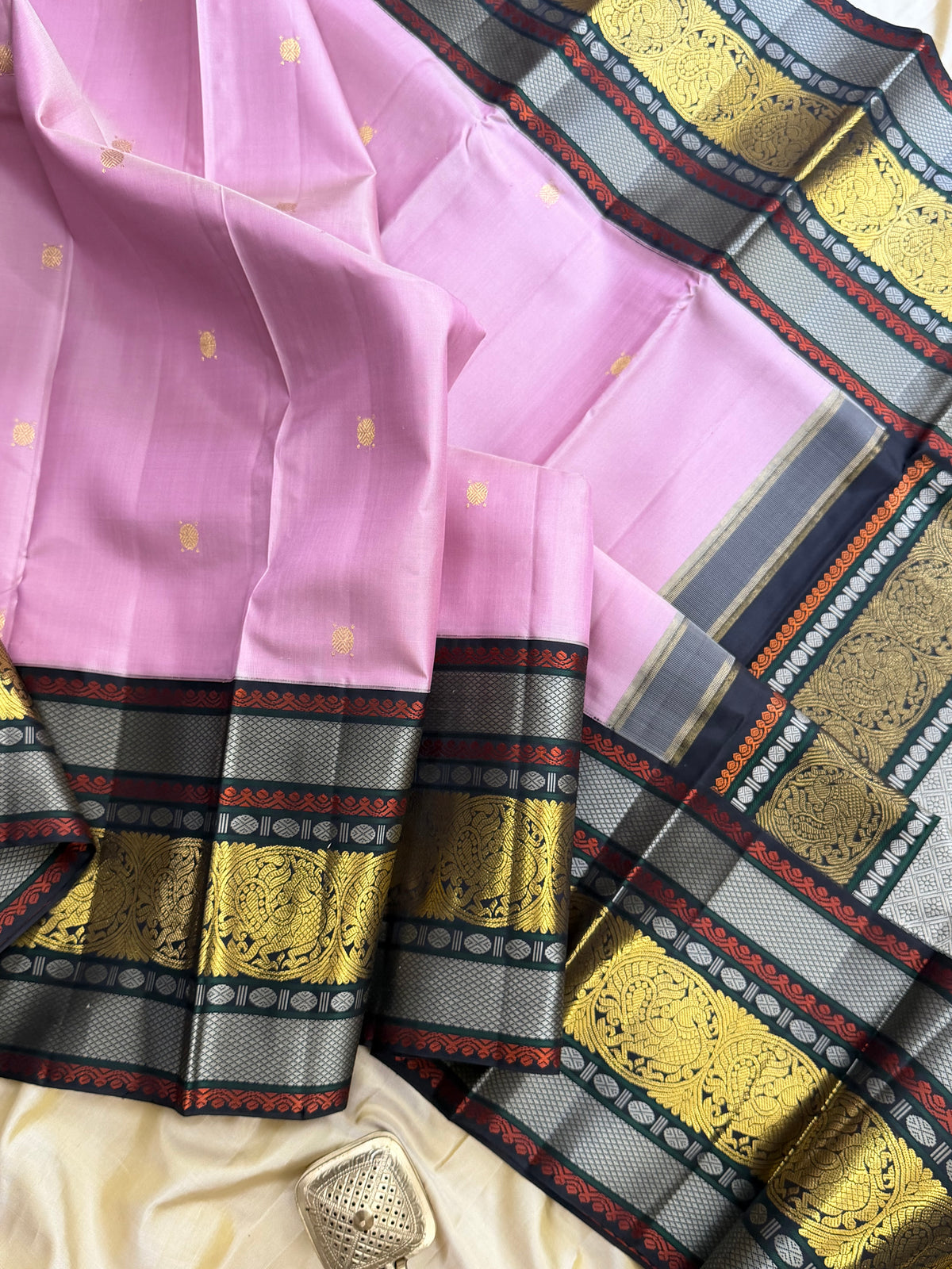 Pink long border Korvai    / Arani silk