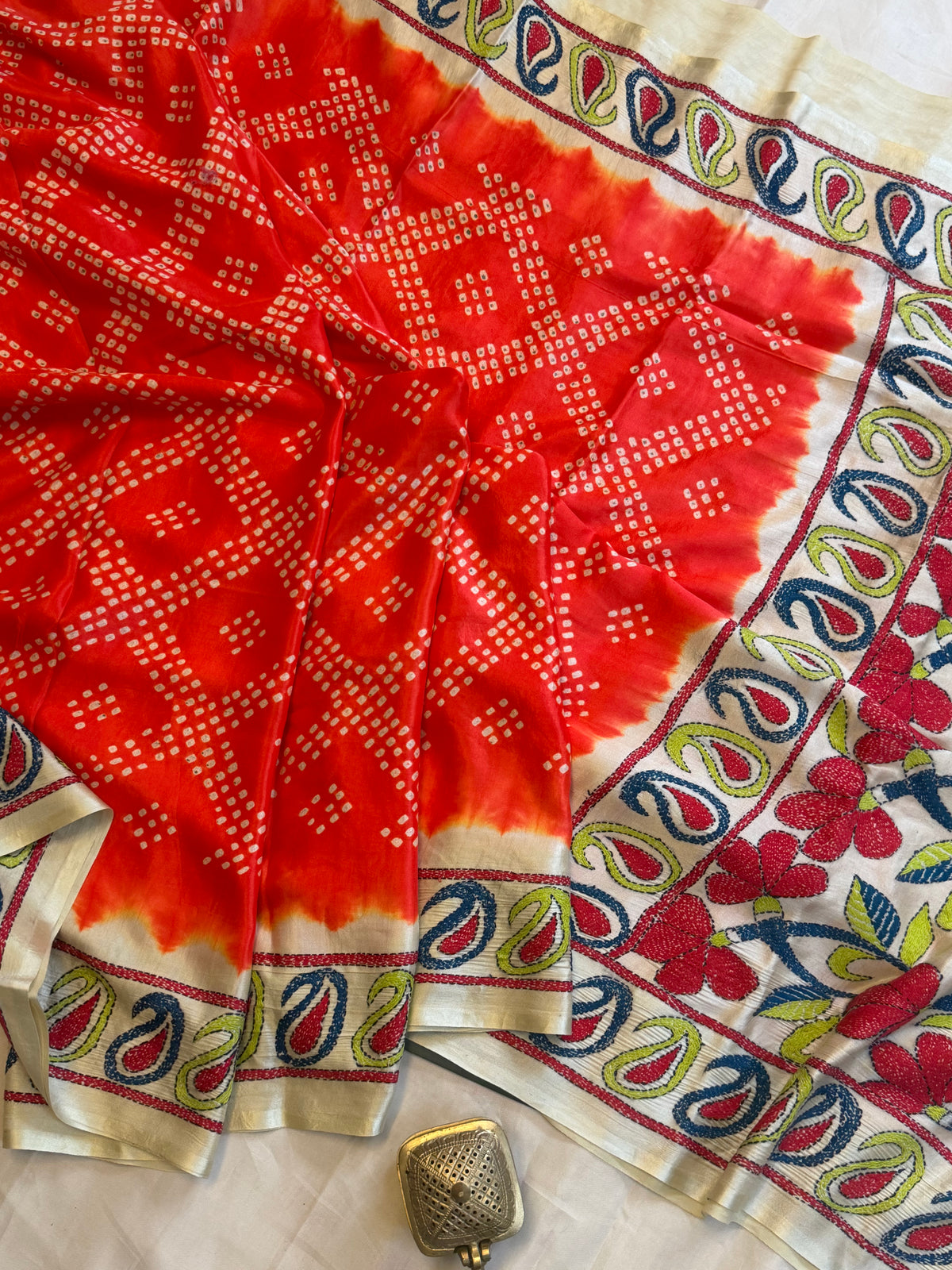 orange Bandhini with Kantha work in gajji silk