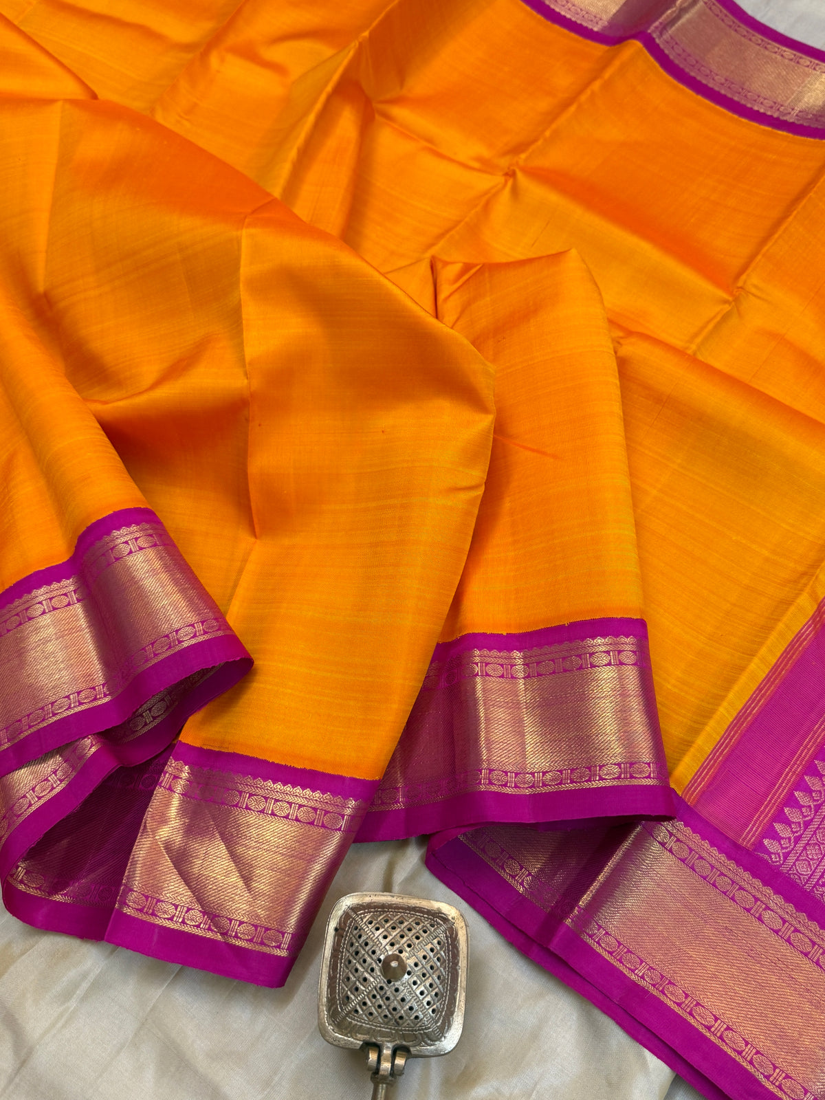 Mango yellow and pink border Korvai/Aarani silk saree clsa 6689