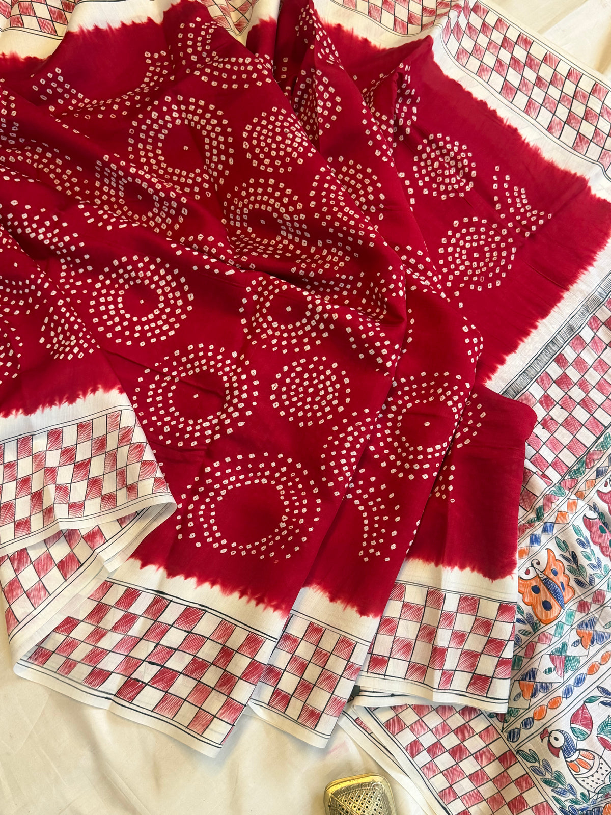 Red Bandhini with Madhubani work in silk
