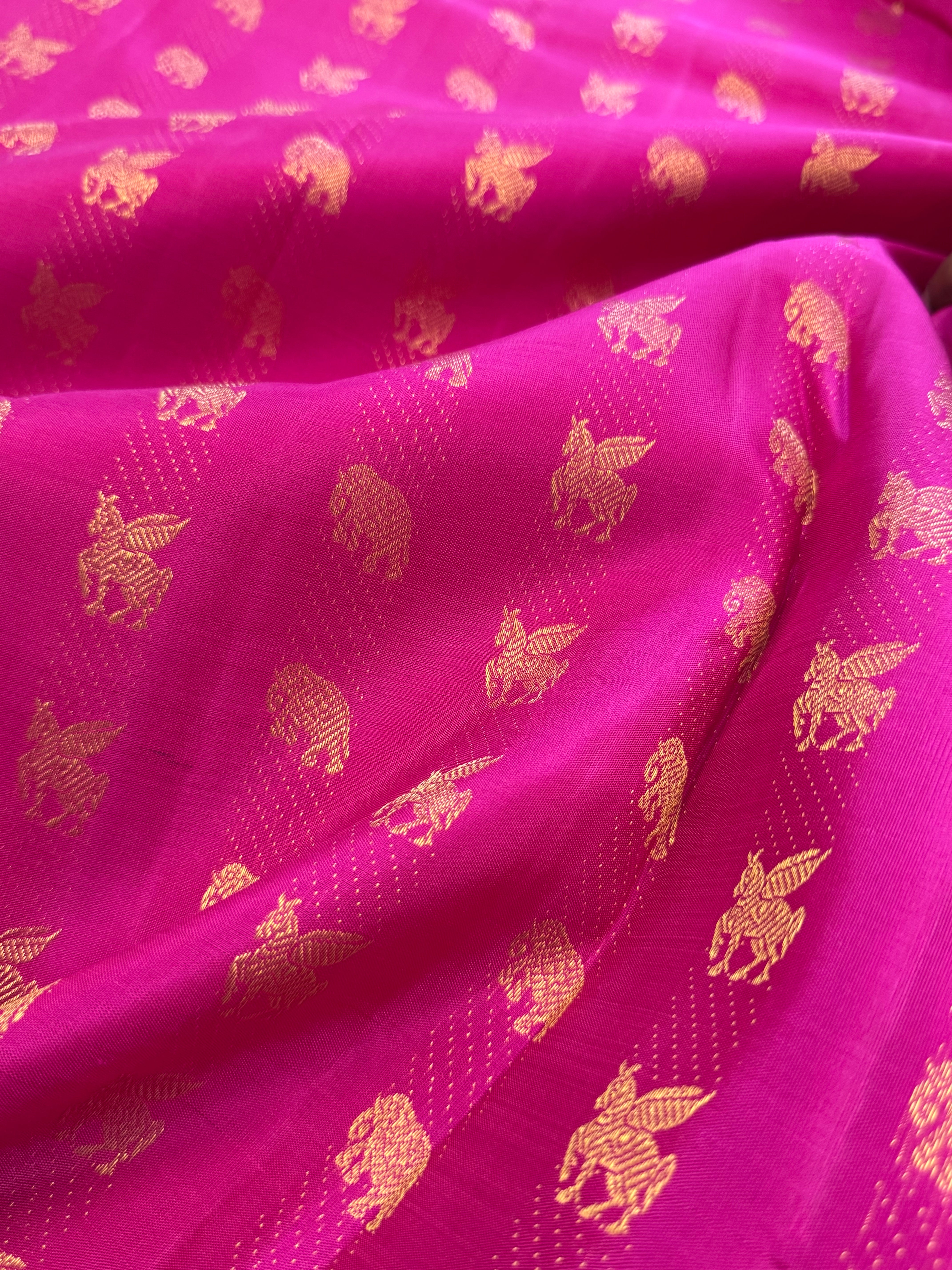 Hot pink flying horse and elephant butta/ Kanjipuram blouse fabric (per metre)