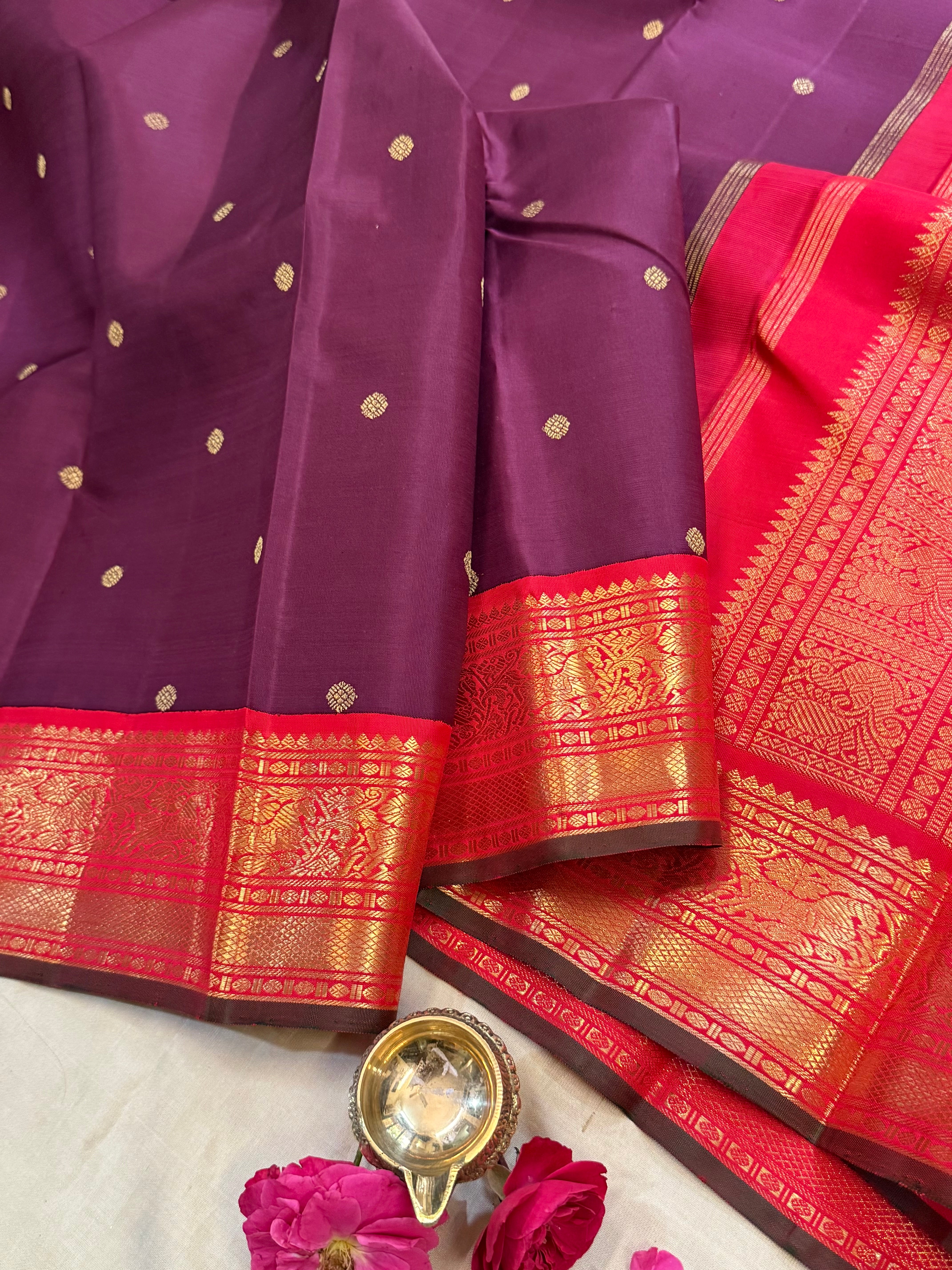 Vintage deep purple and red kai korvai/ kanjipuram silk