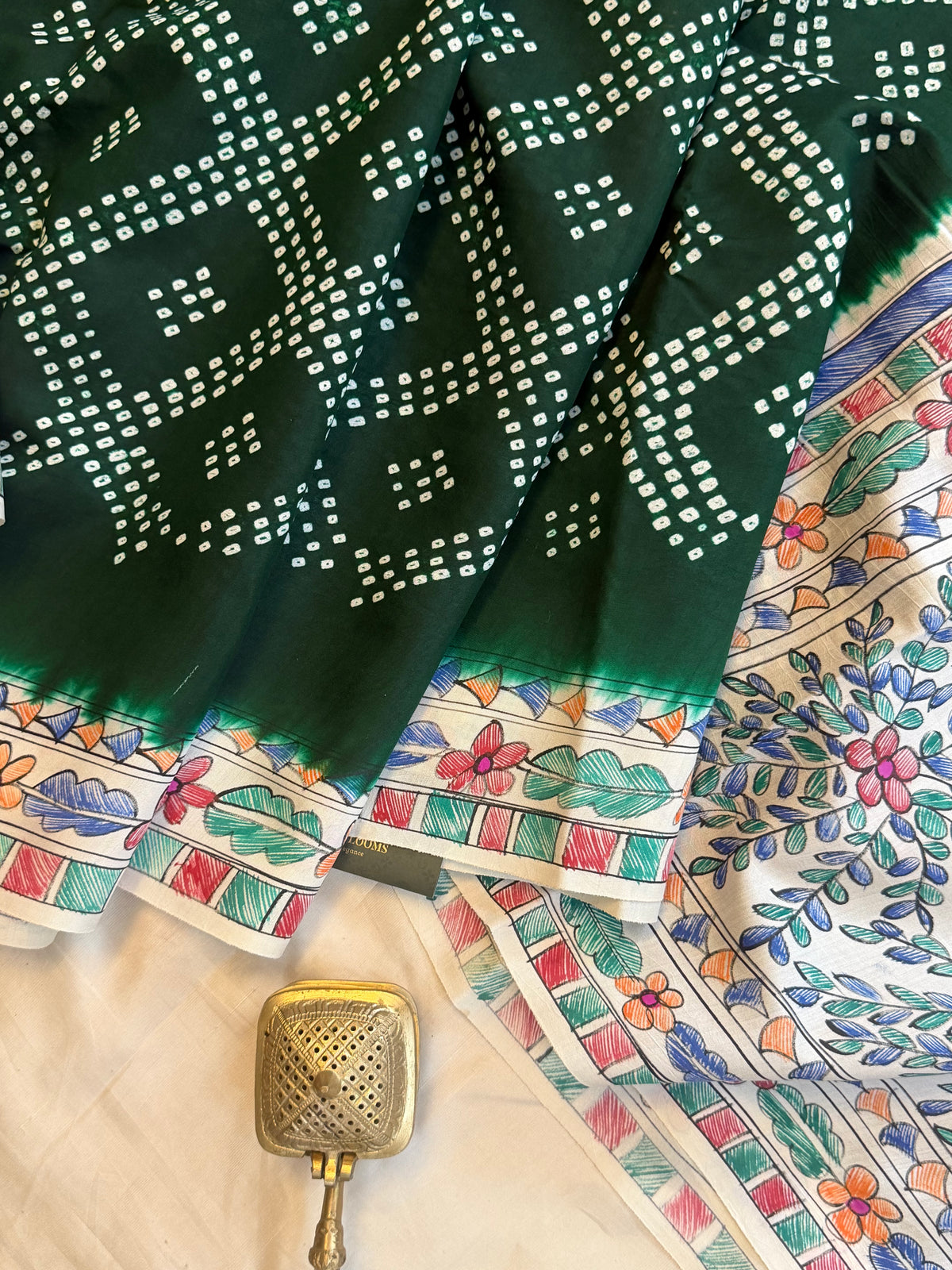 Green  Bandhini with Madhubani work in silk