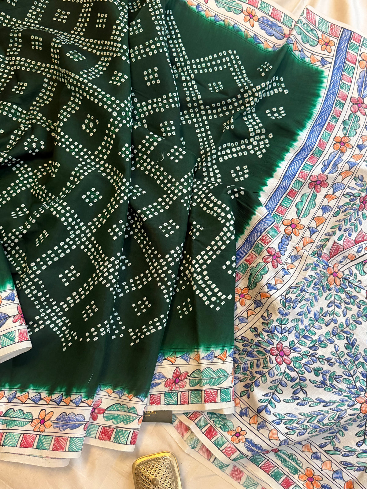 Green  Bandhini with Madhubani work in silk