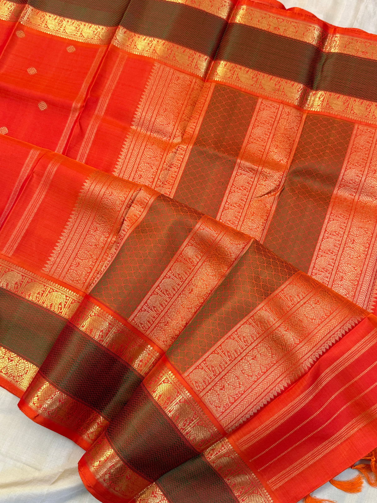 Navarathri - Day 5 Orange Colour pure Zari butta getti border /Kanjipuram silk sree Clsa6000