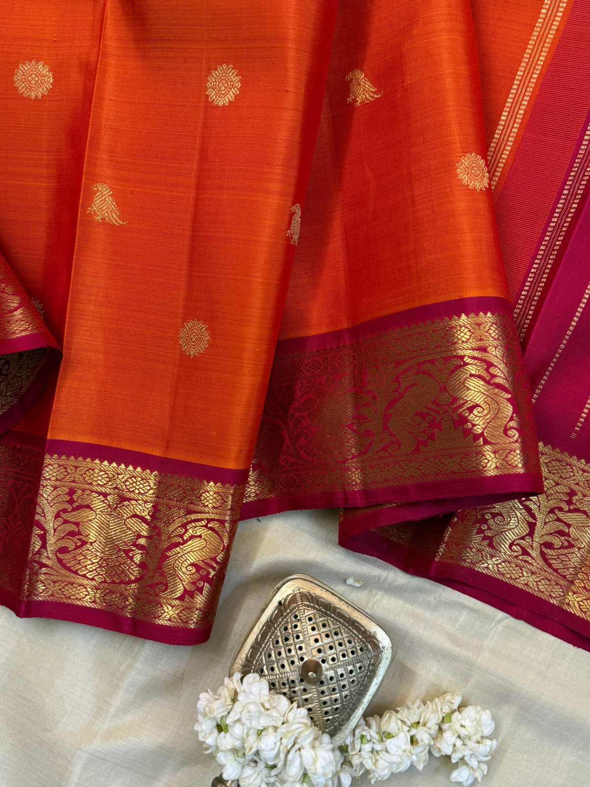 Navarathri - Day 5 Orange Colour pure Zari butta / Kanjipuram silk sree Clsa10160