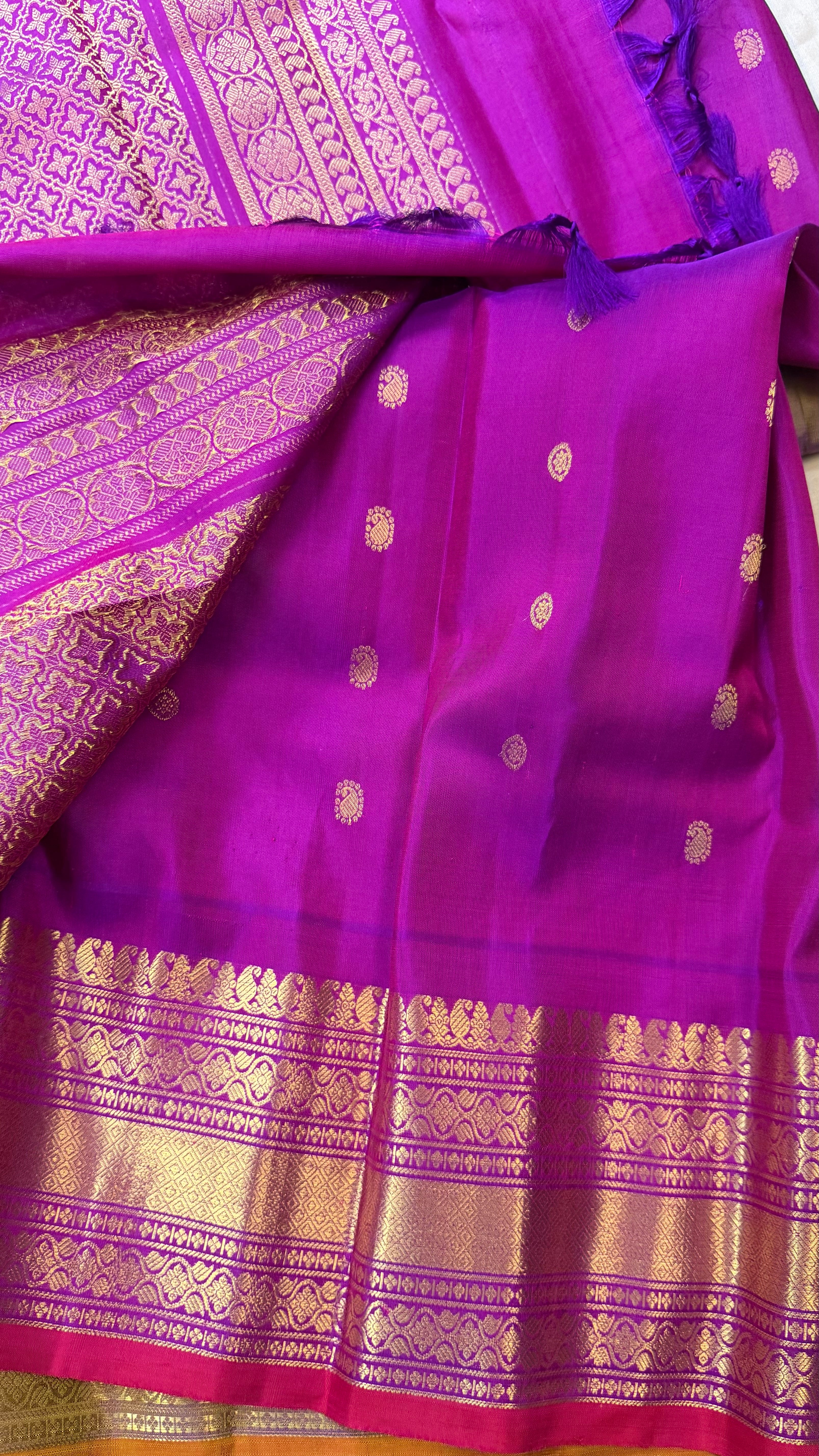 Sneha green with purple. / Gadwal silk
