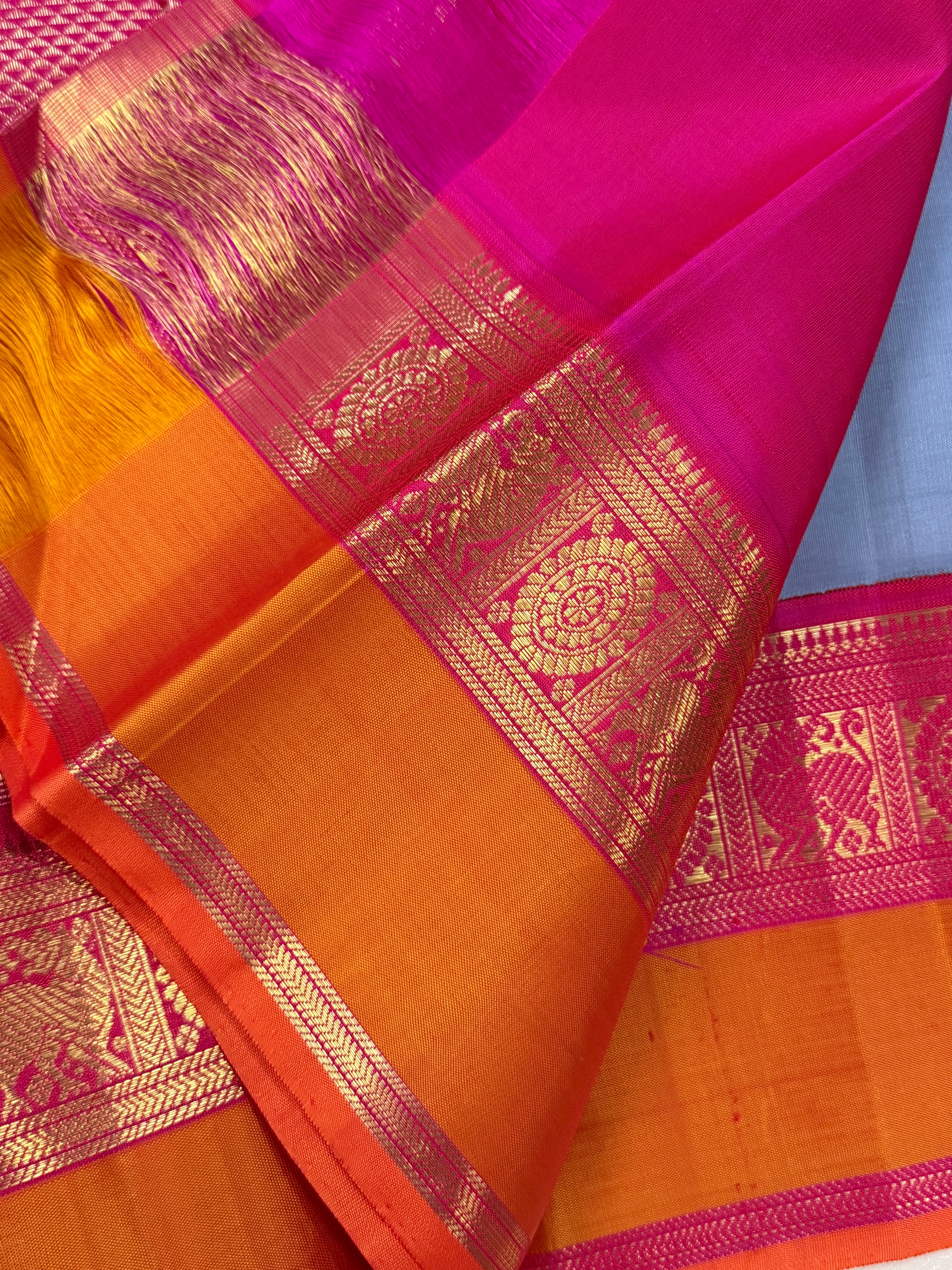 Silverish grey and orangish and pink kai korvai retta border / Kanjipuram silk