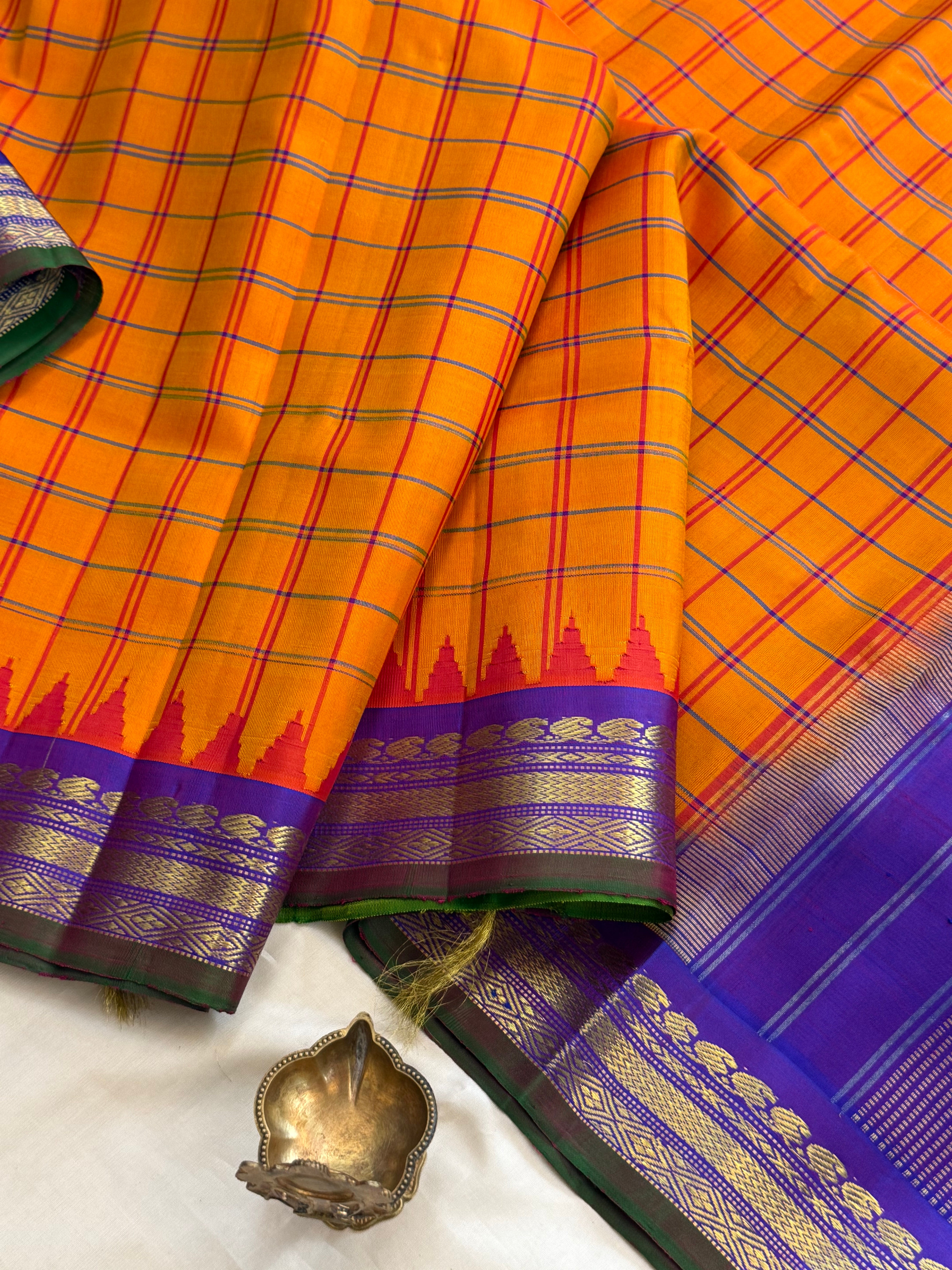 Mango yellow body checks with purple border/ Gadwal silk CLSA11287