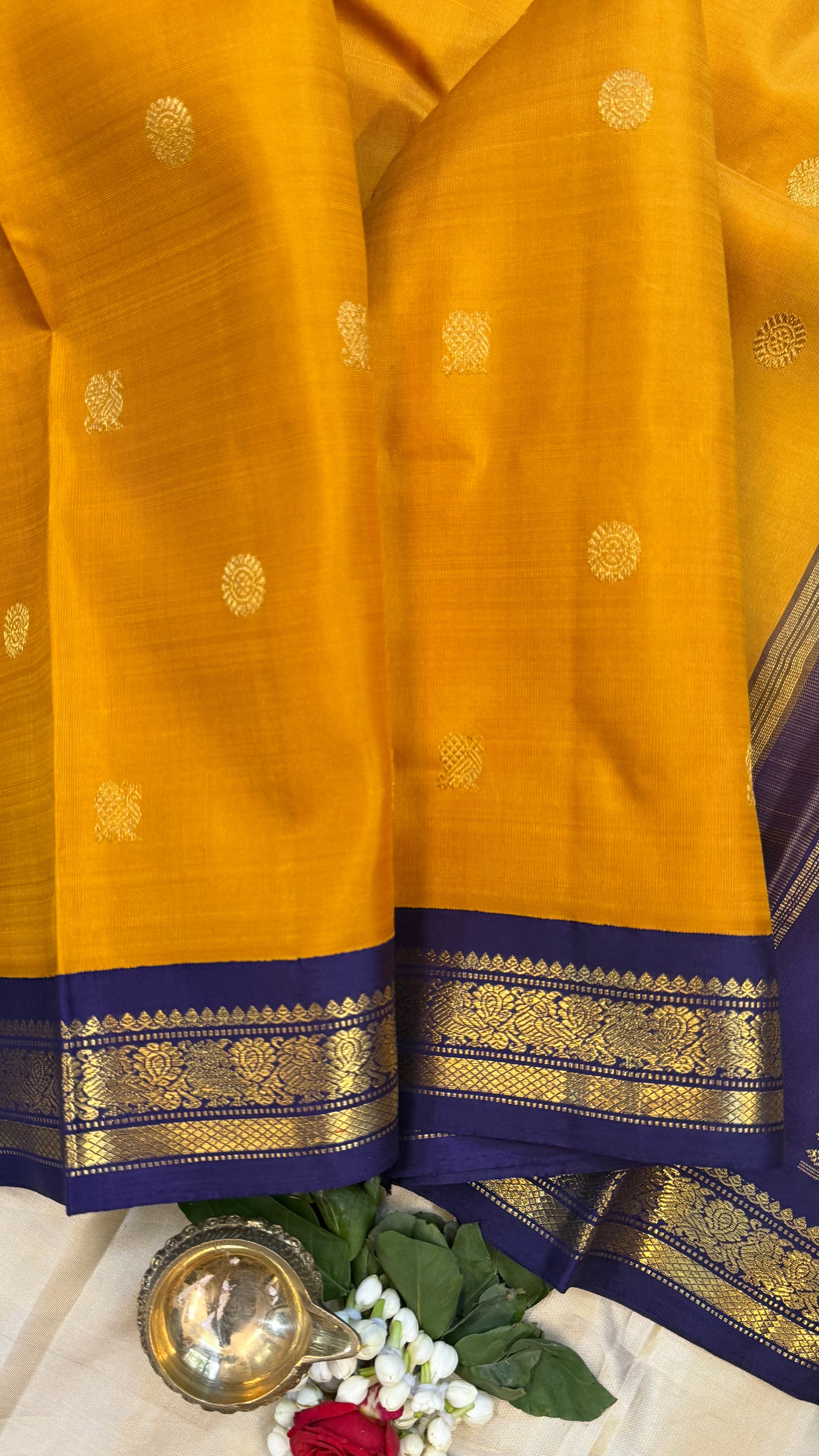 Golden yellow and dark blue kai korvai/ Kanjipuram Silk