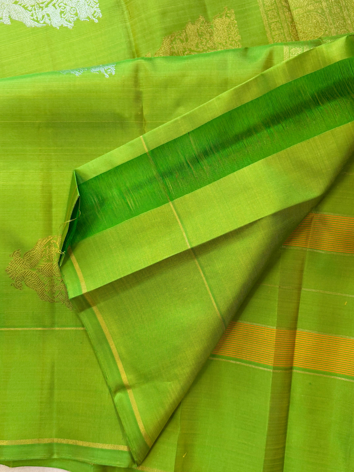 Lime green Chettinad Kattam - pure Zari Kanjipuram silk