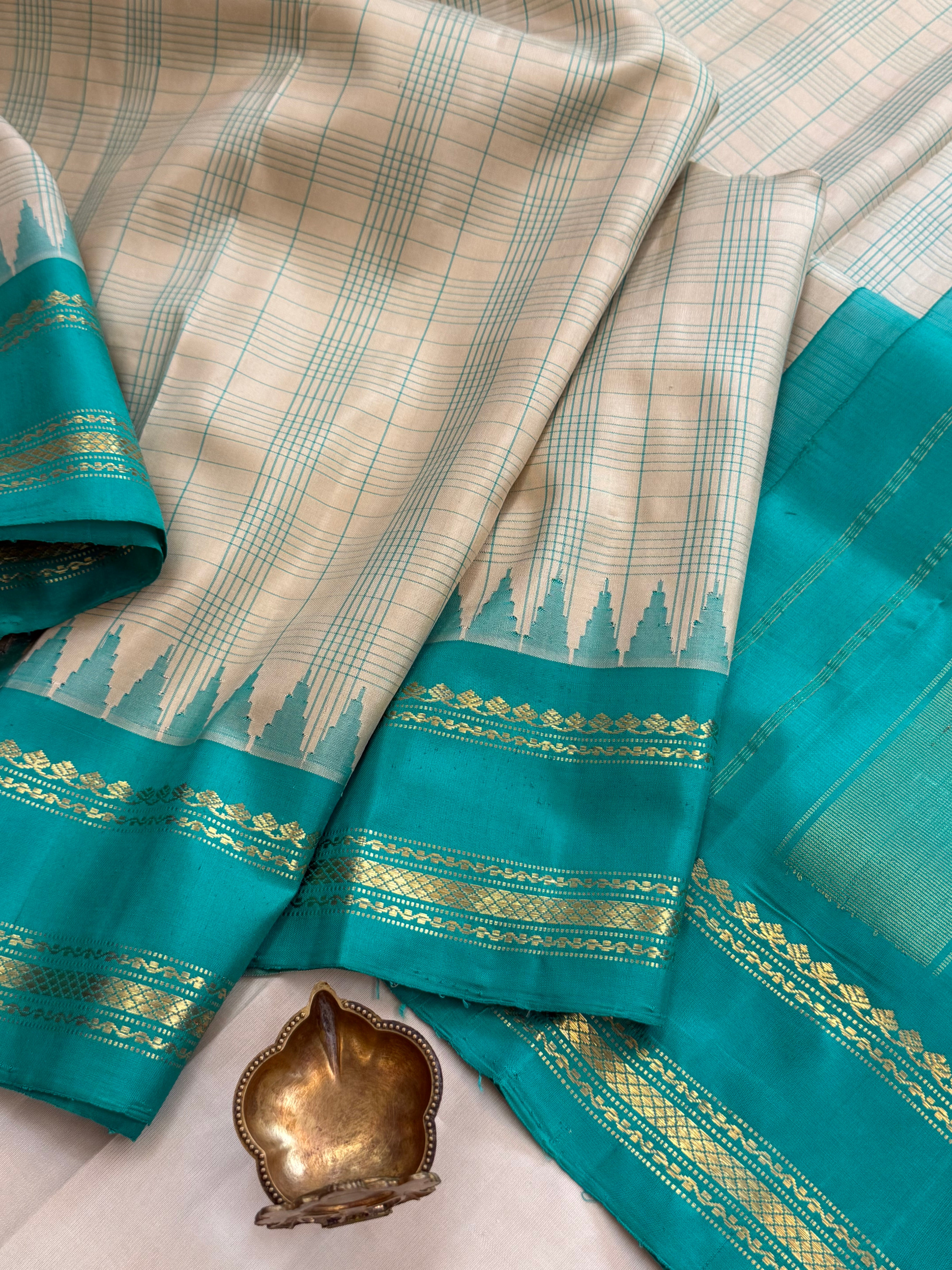 Cream body checks with ice blue temple border/Gadwal silk CLSA11292
