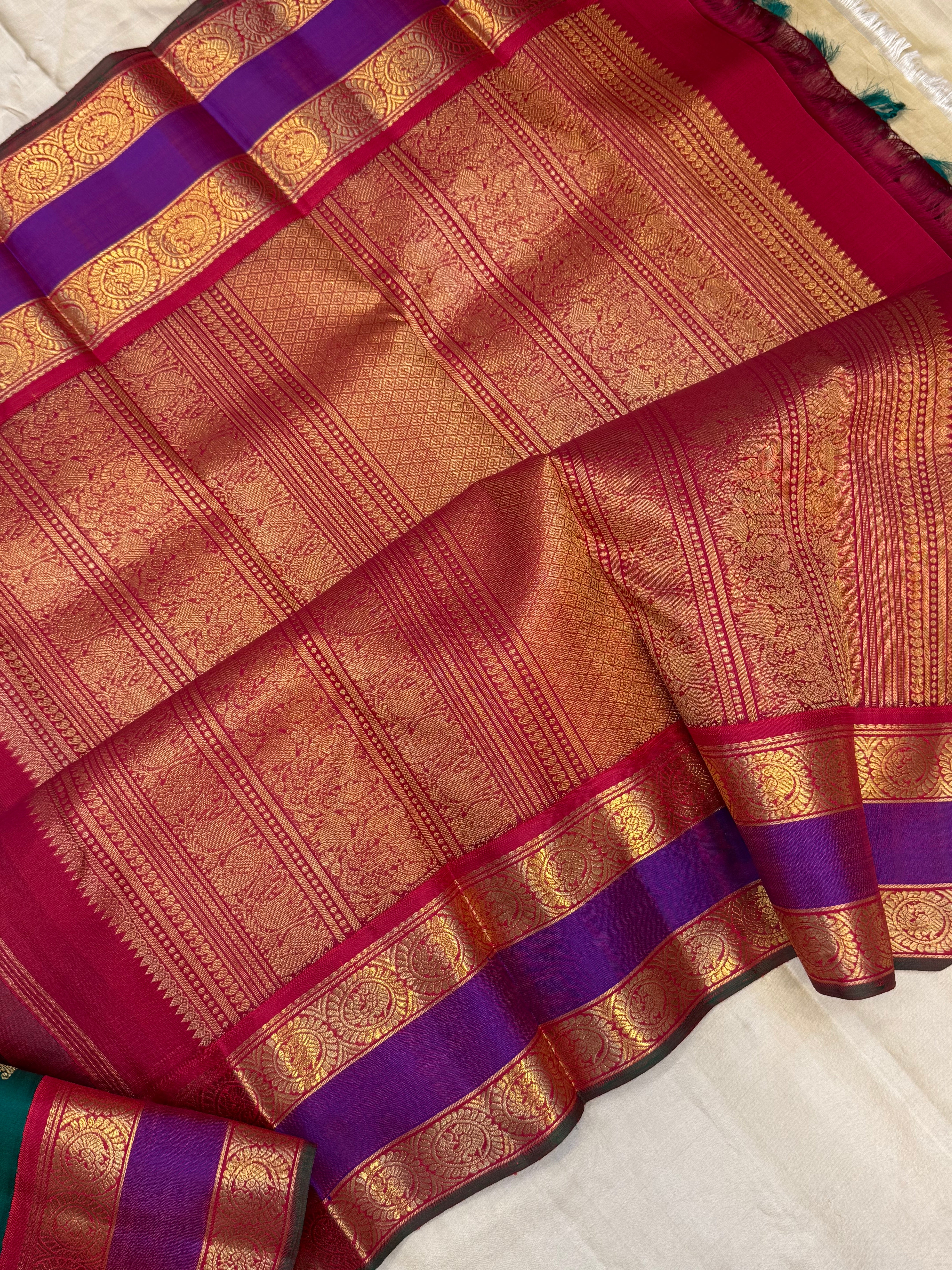 Green and purple Araku rettapet border kai korvai/ Kanjipuram Silk