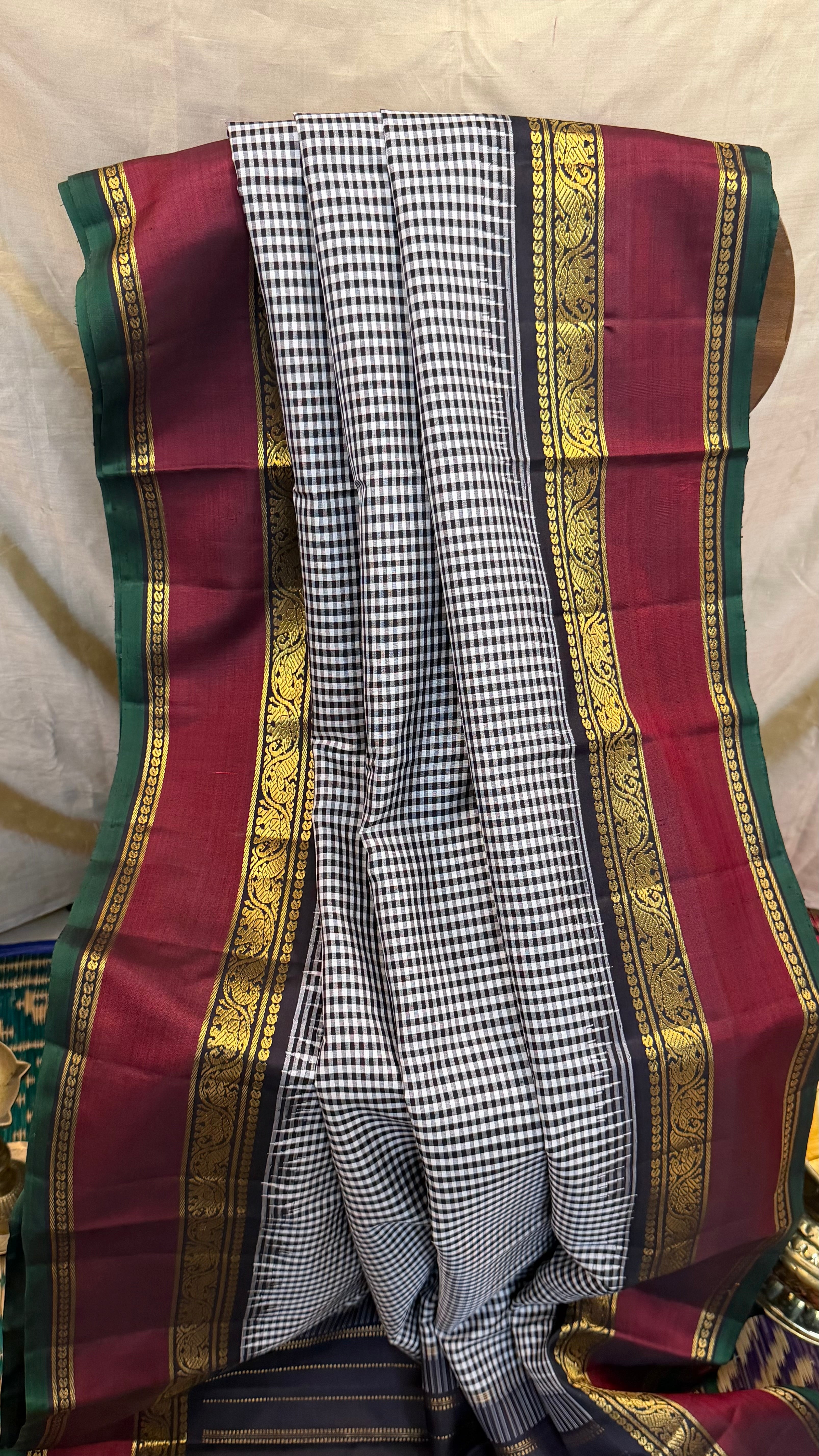 Vintage Kattam Korvai white black checks / Kanjipuram silk