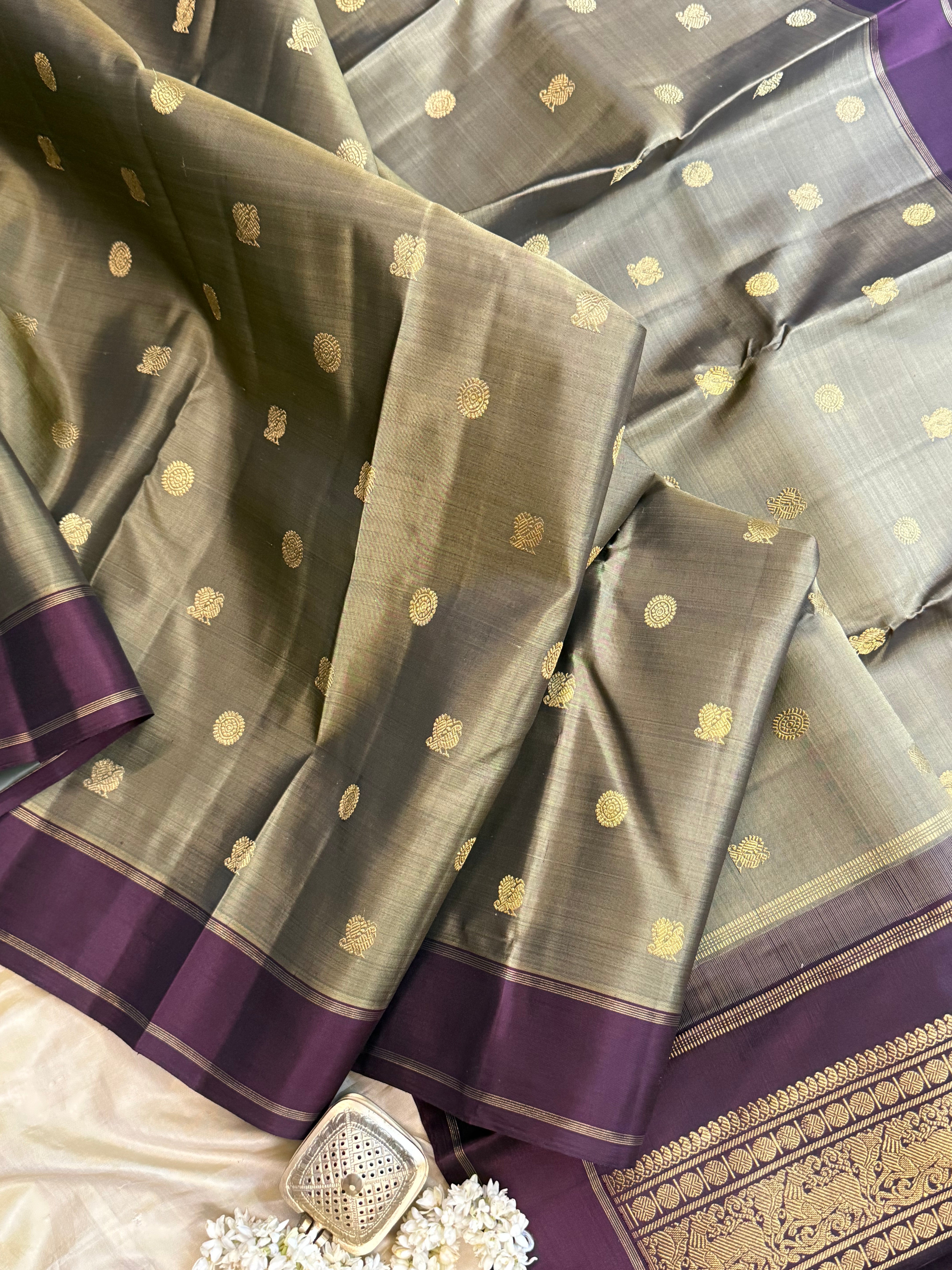 Deep olive and burgundy/ Kanjipuram silk
