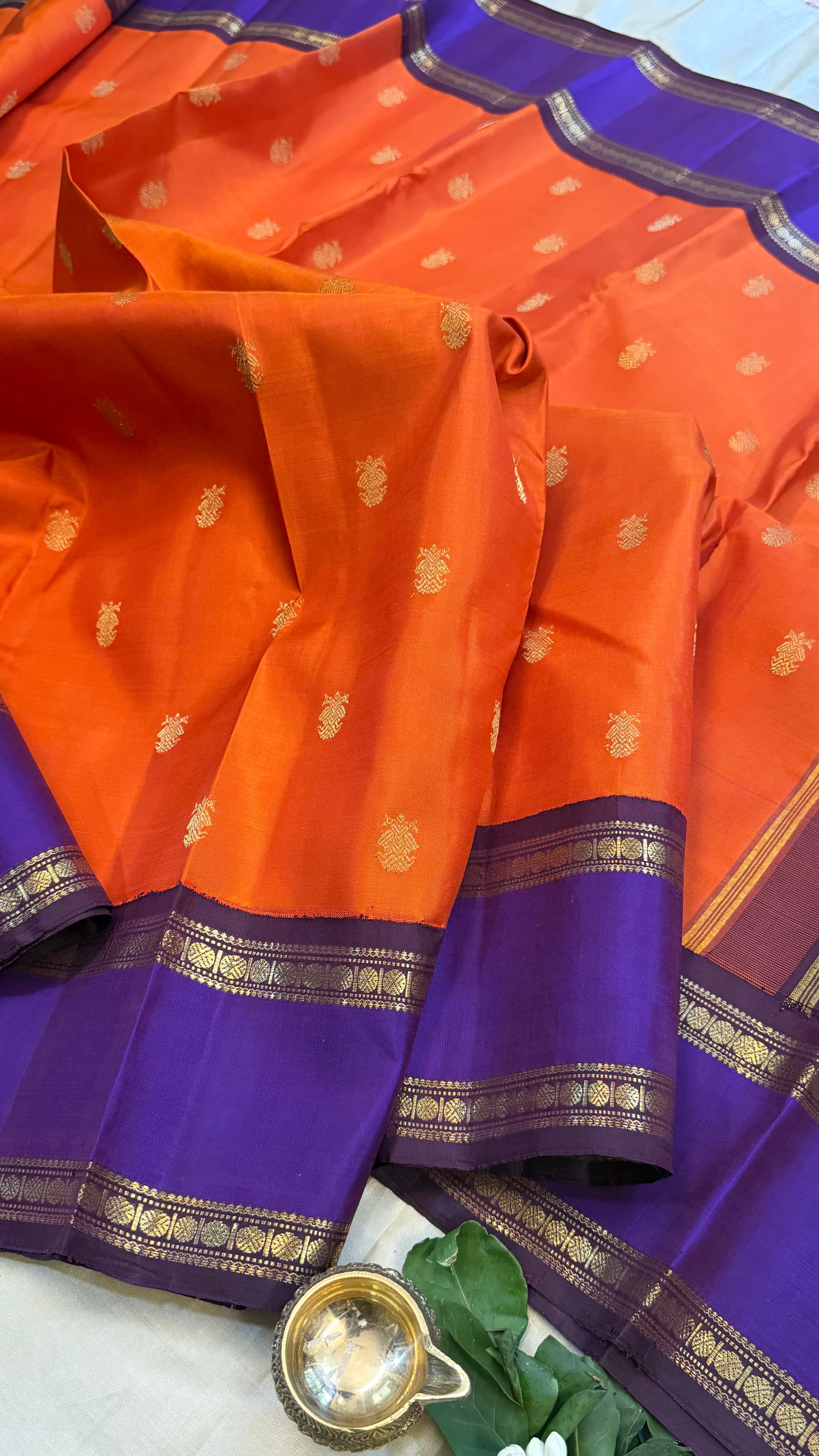 Rustic orange and purple rettapet border kai korvai/ kanjipuram silk
