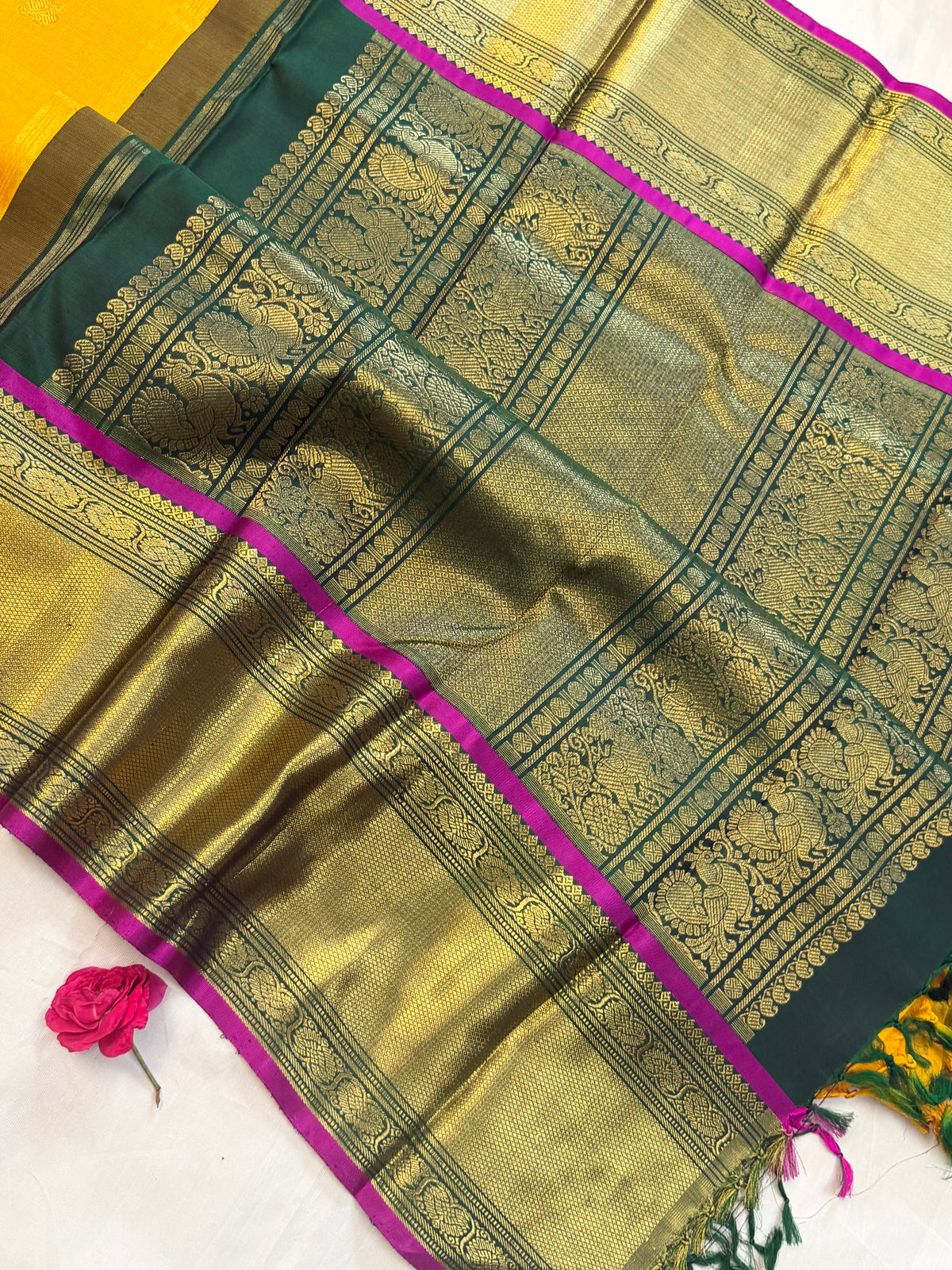 Yellow - Day 1 Navarthri colour pure Zari Kanjipuram silk / Golden yellow getti pet Korvai