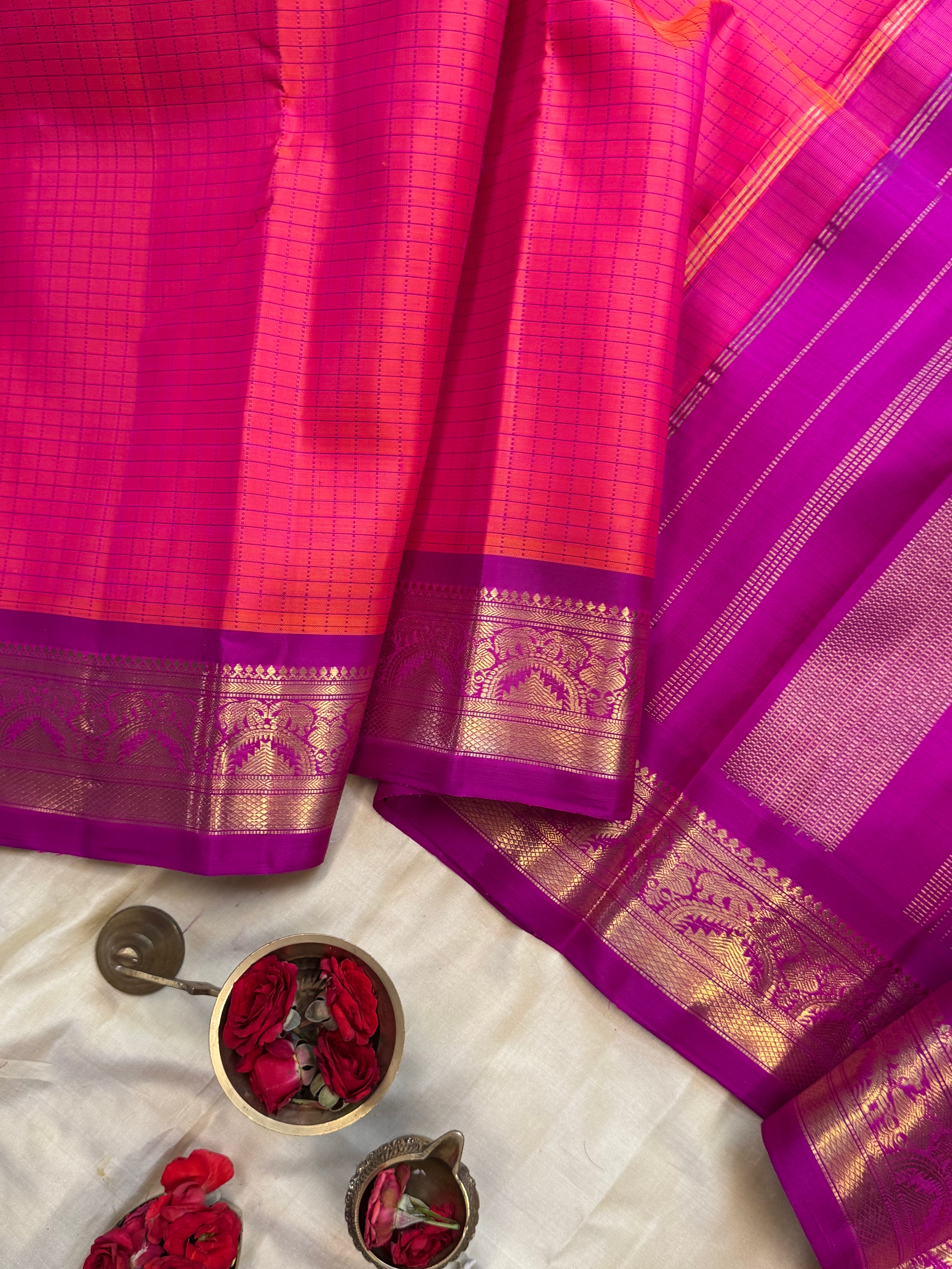 Pinkish purple checks / Kanjipuram silk