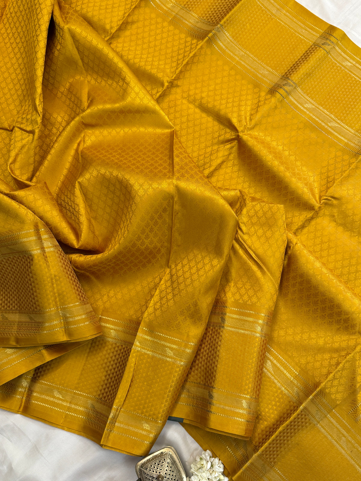 KILIYE :  mustard yellow kili  work /Kanjipuram silk saree