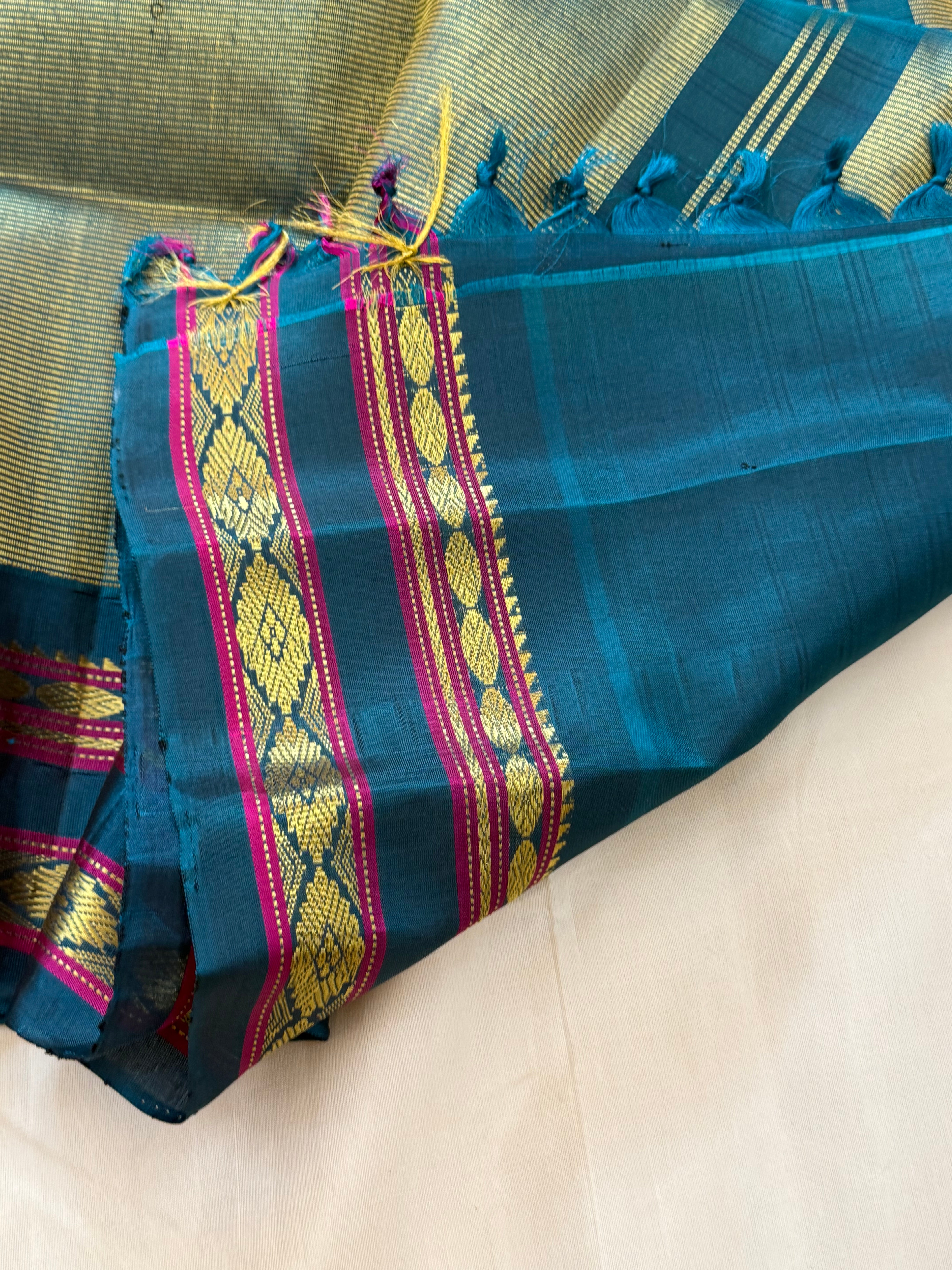 Lemon yellow body checks with teal blue border/ Gadwal silk CLSA11289