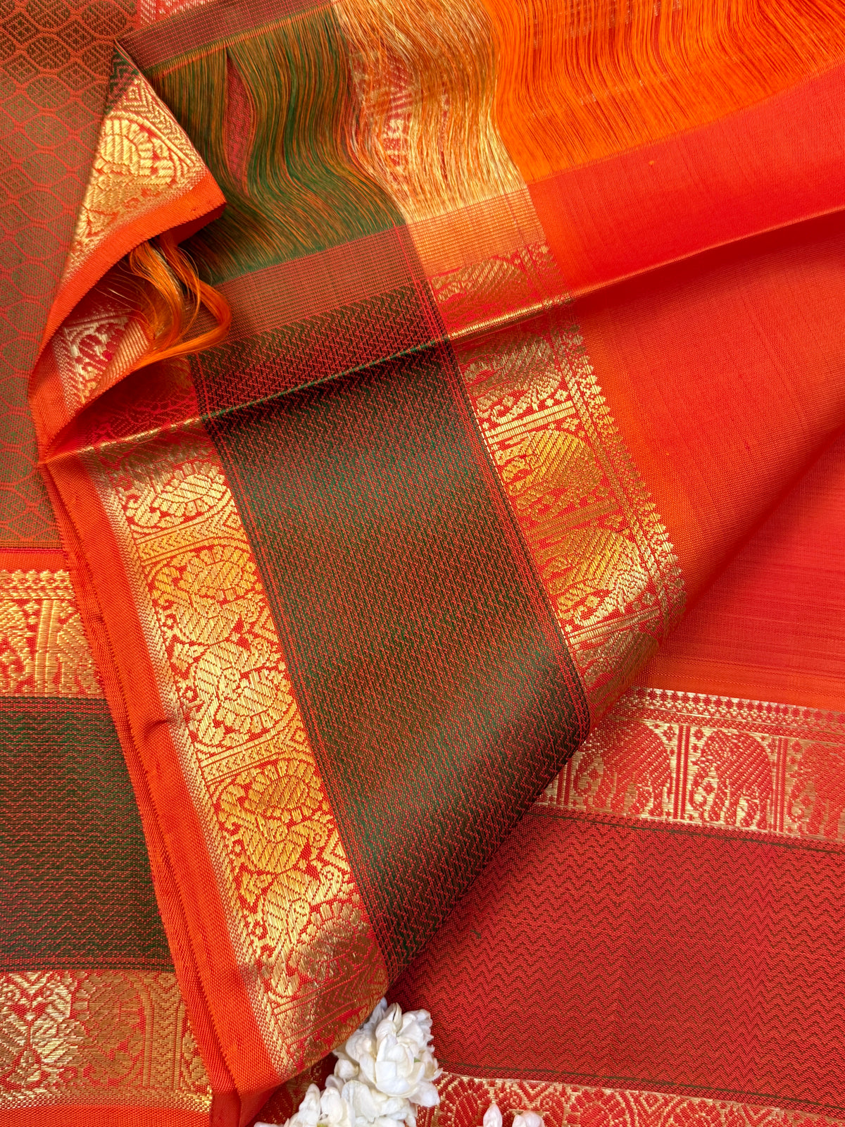 Navarathri - Day 5 Orange Colour pure Zari butta getti border /Kanjipuram silk sree Clsa6000