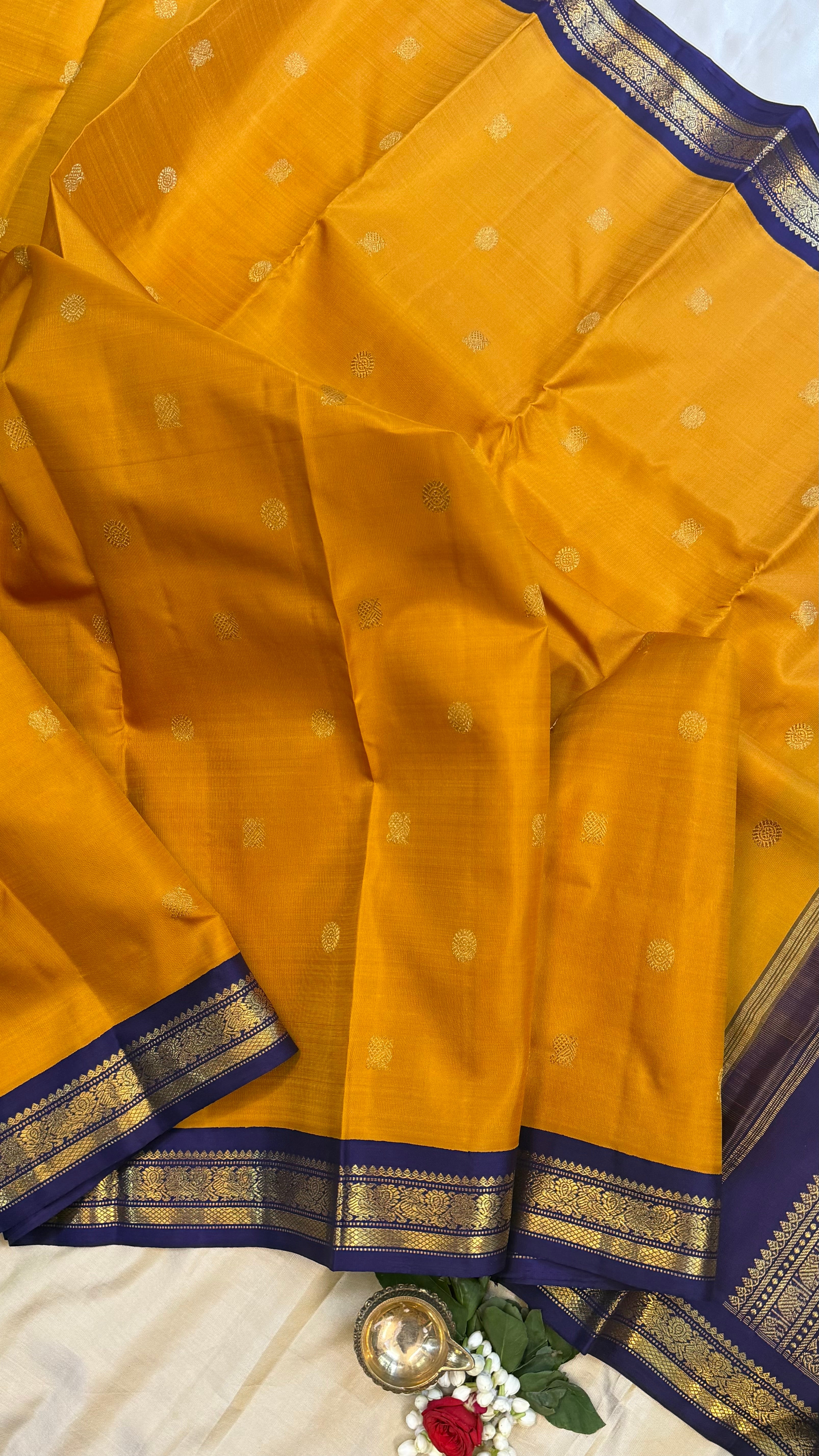 Golden yellow and dark blue kai korvai/ Kanjipuram Silk
