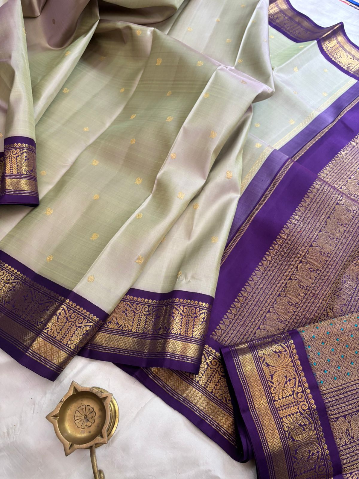 Elakai green shot purple kai korvai - kanjipuram silk