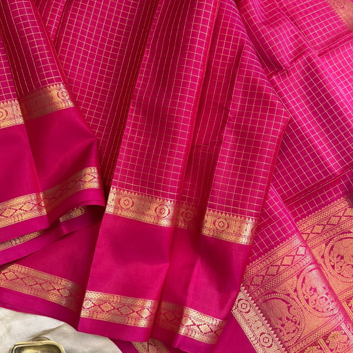 Pink checks rettapet border/ special edition kanjipuram silk ...